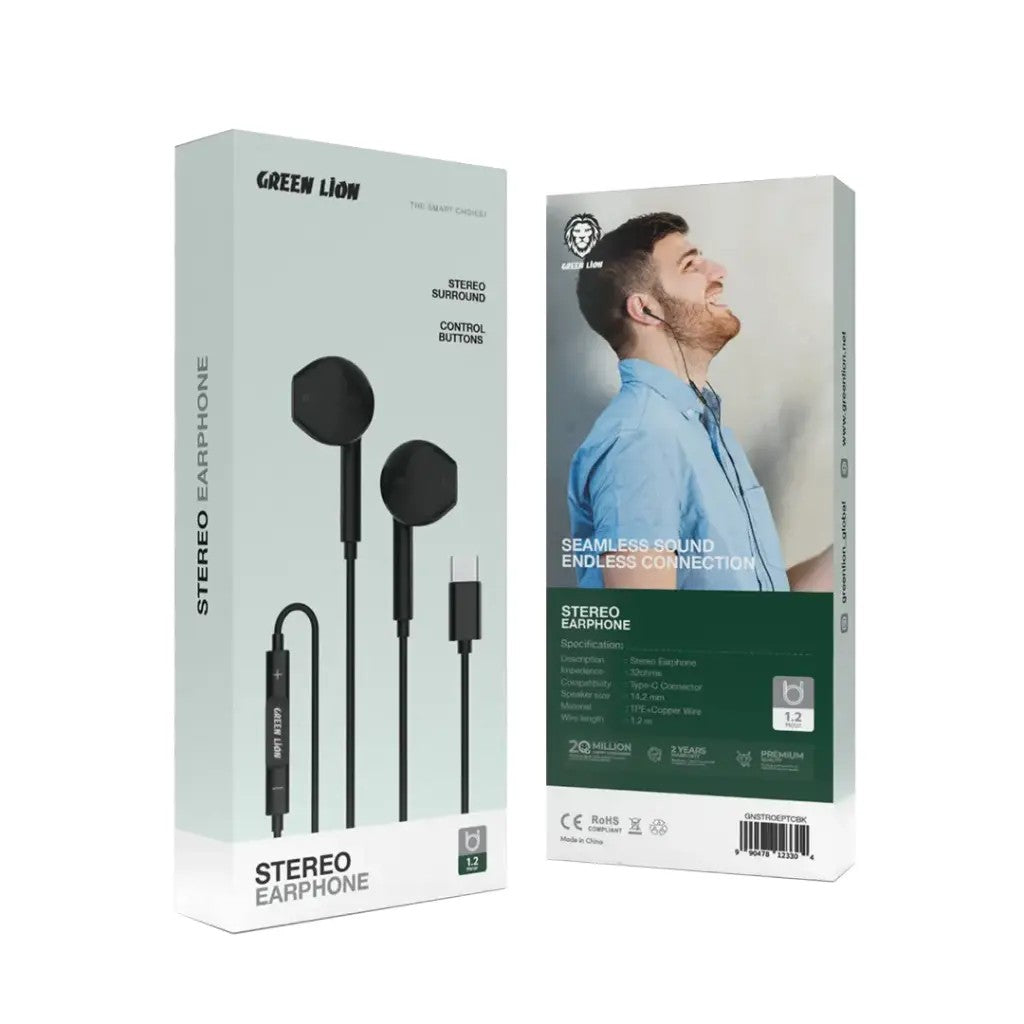 {GNSTROEPTCWH} Green Lion Wired Stereo Earphones with Type-C Connector- White