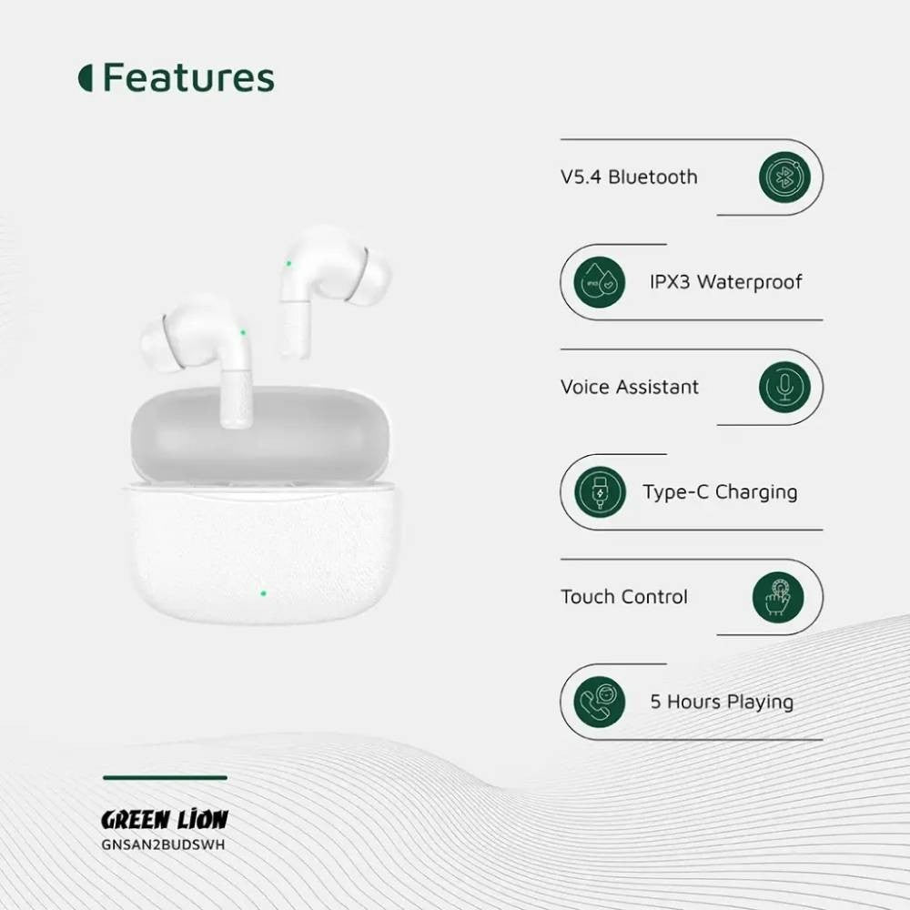 {GNSAN2BUDSWH} Green Lion Santorini 2- True Wireless Earbuds TWS - White