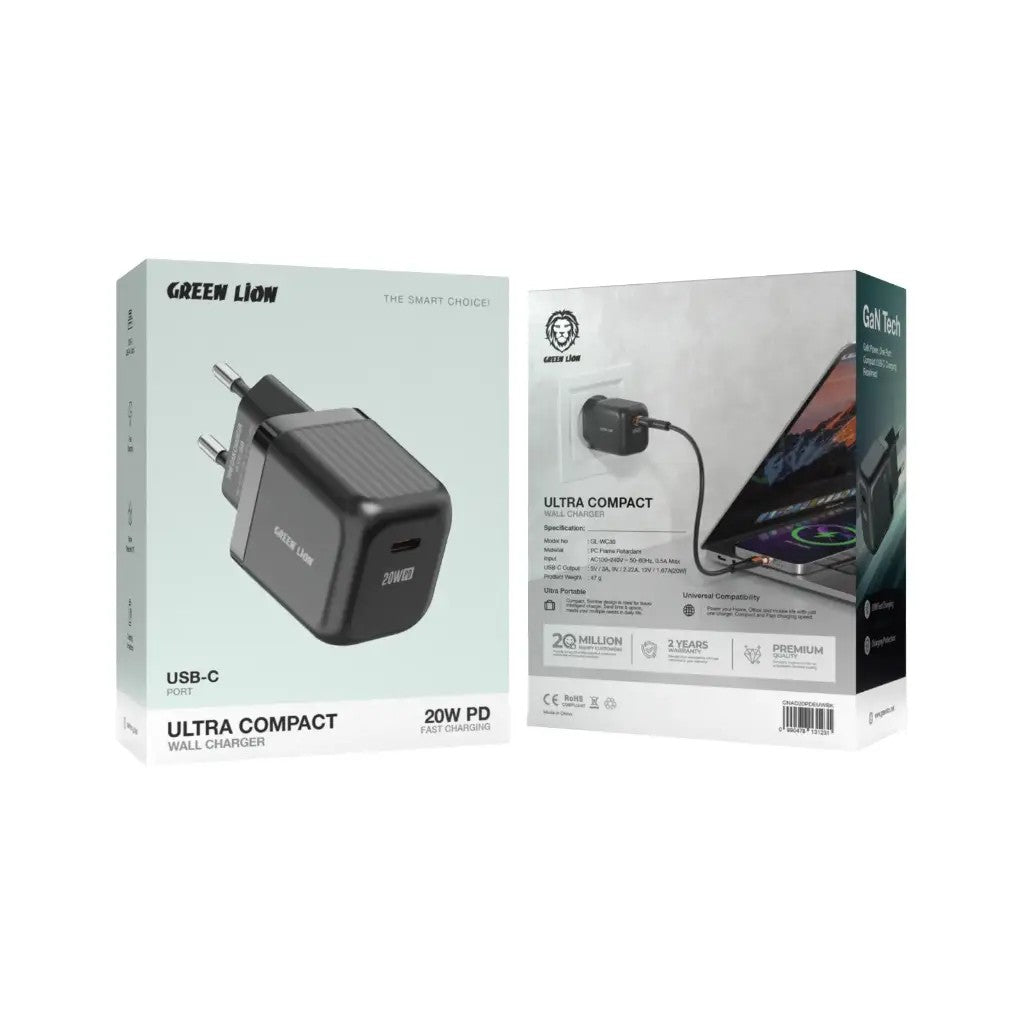 {GNWPDEUCTCBK} Green Lion Ultra Compact GaN Wall Charger EU Pin USB-C PD 20W C to C - Black