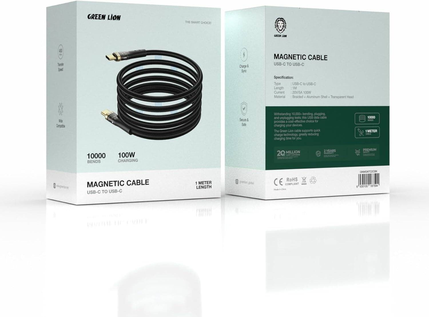 {GN100WC2C1MWH} Green Lion 100W USB-A to USB-C TPE Cable 1mtr - White