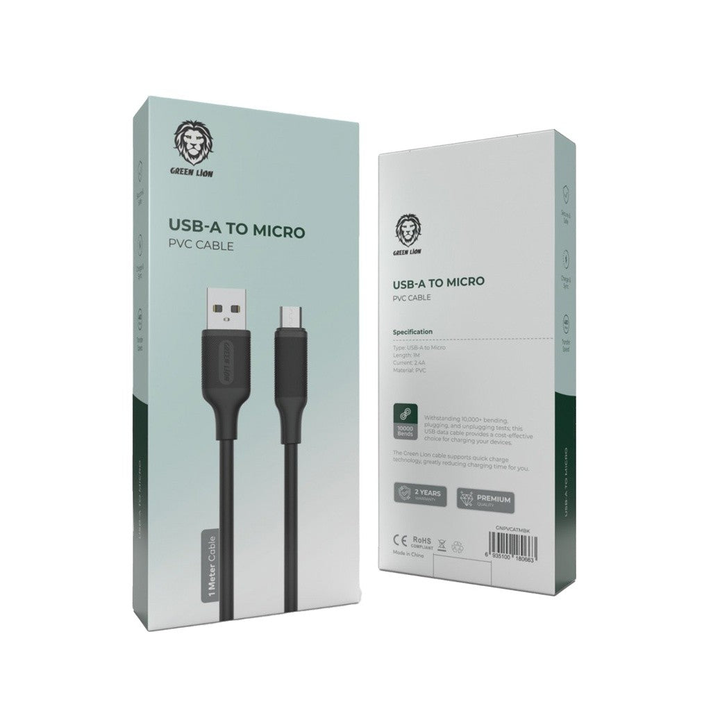 {GNPVCATMBK} Green Lion USB-A to Micro USB PVC Cable 1M 2.4A - Black