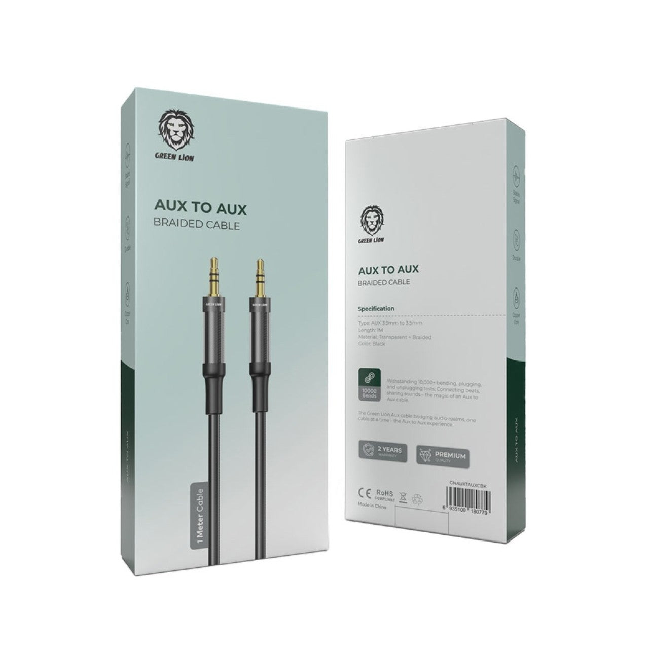 {GNAUXTAUXCBK} Green Lion AUX to AUX Braided Cable 1M - Black