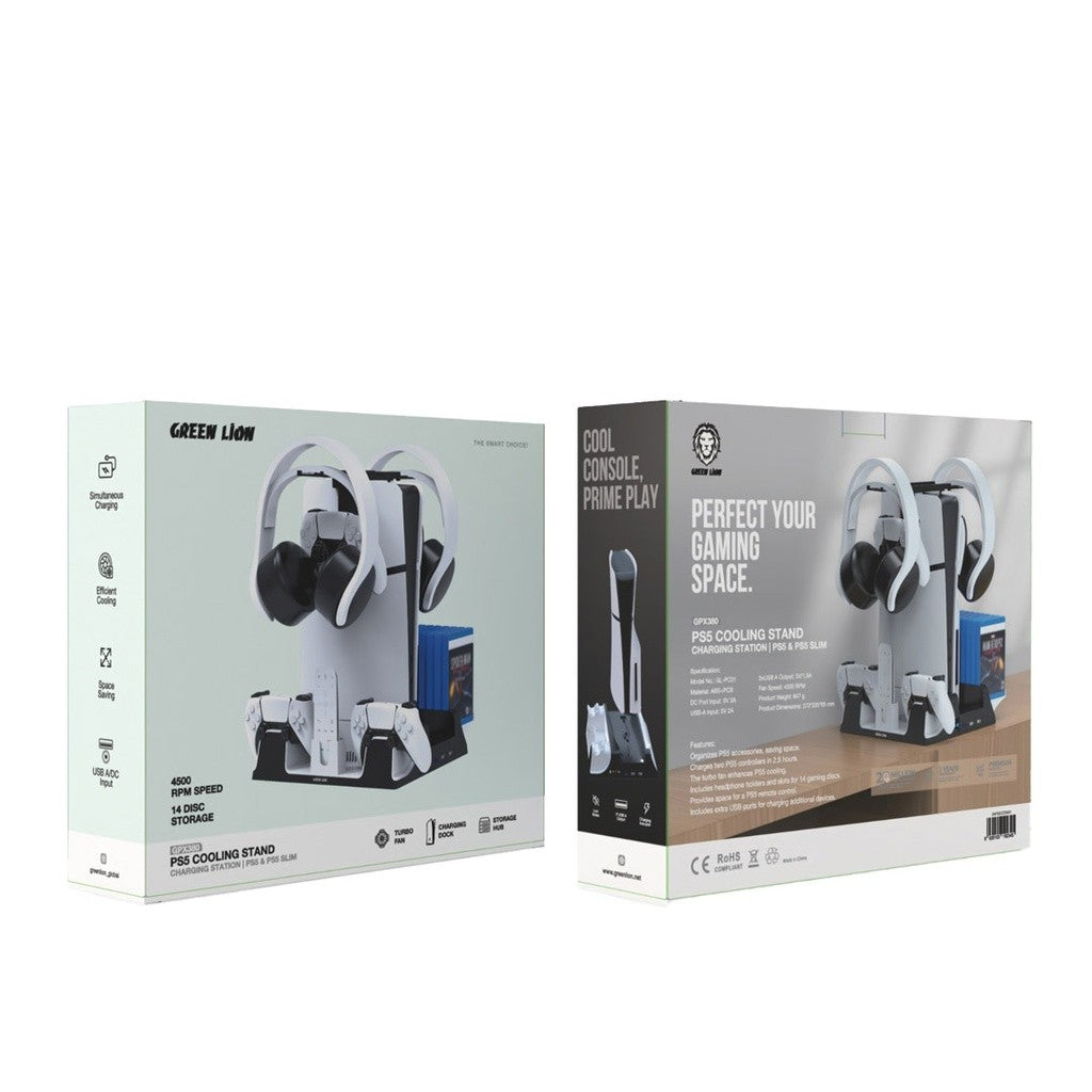 {GNPS5CSTDWH} Green Lion PS5 Cooling Stand Charging Station - White