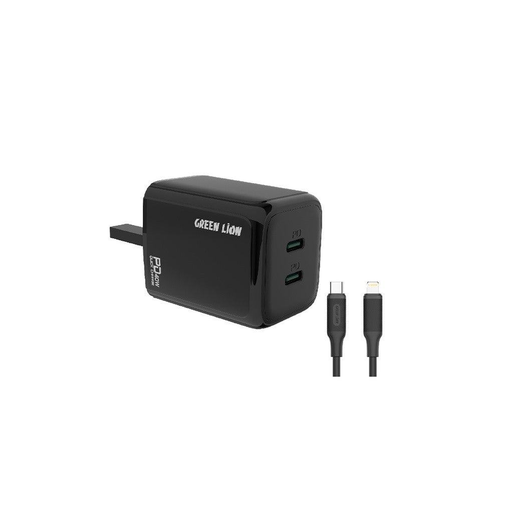 {GNPD40UCLWCBK} Green Lion 40W Dual PD Wall Charger With USB-C To Lightning Cable 1M UK Black