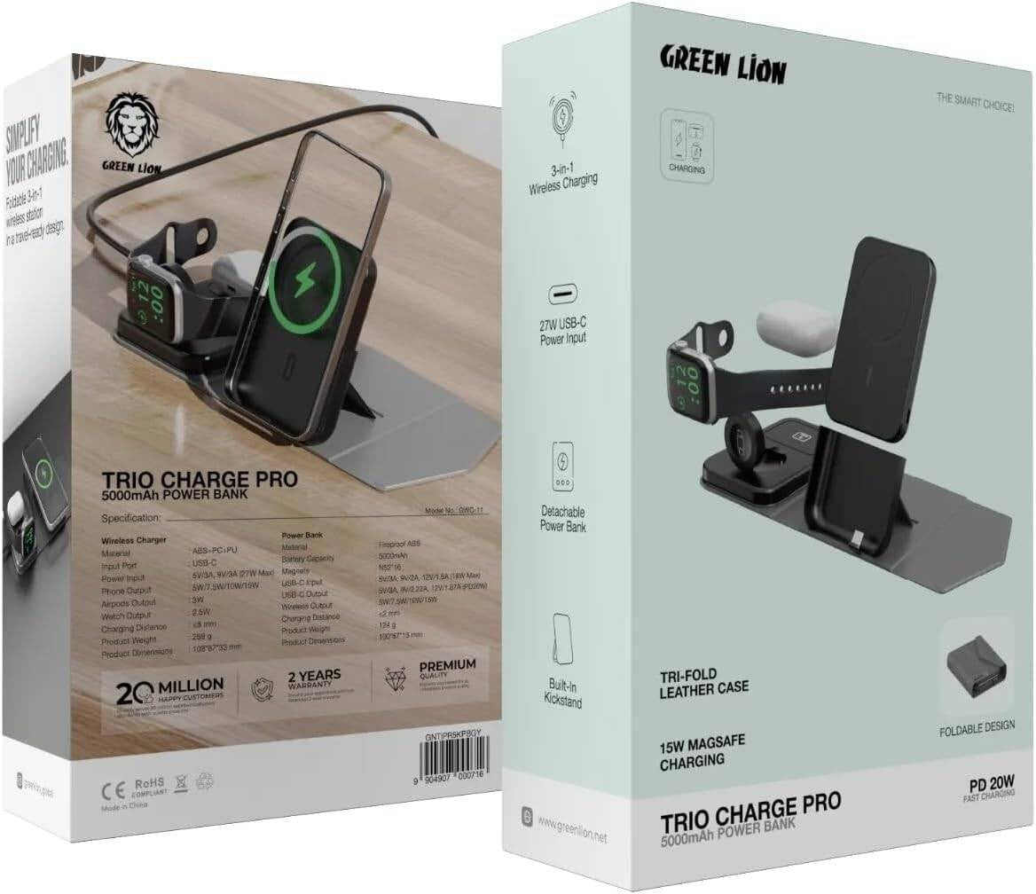 {GNTIPR5KPBGY} Green Lion Trio Charge Pro 5000mAh Power Bank PD 20W - Gray