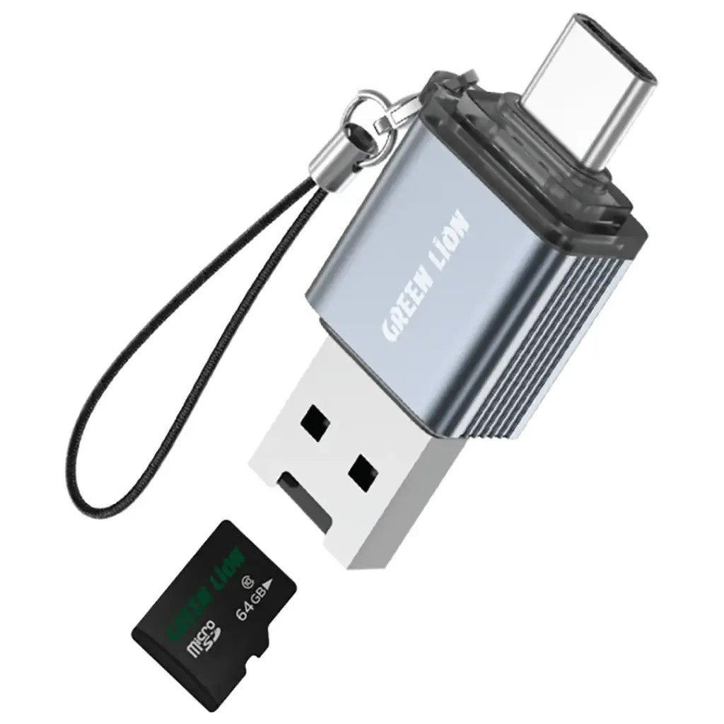 {GN2N1MISDCDGY} Green Lion 2 in1 Card Reader - Micro SD Cards - Gray