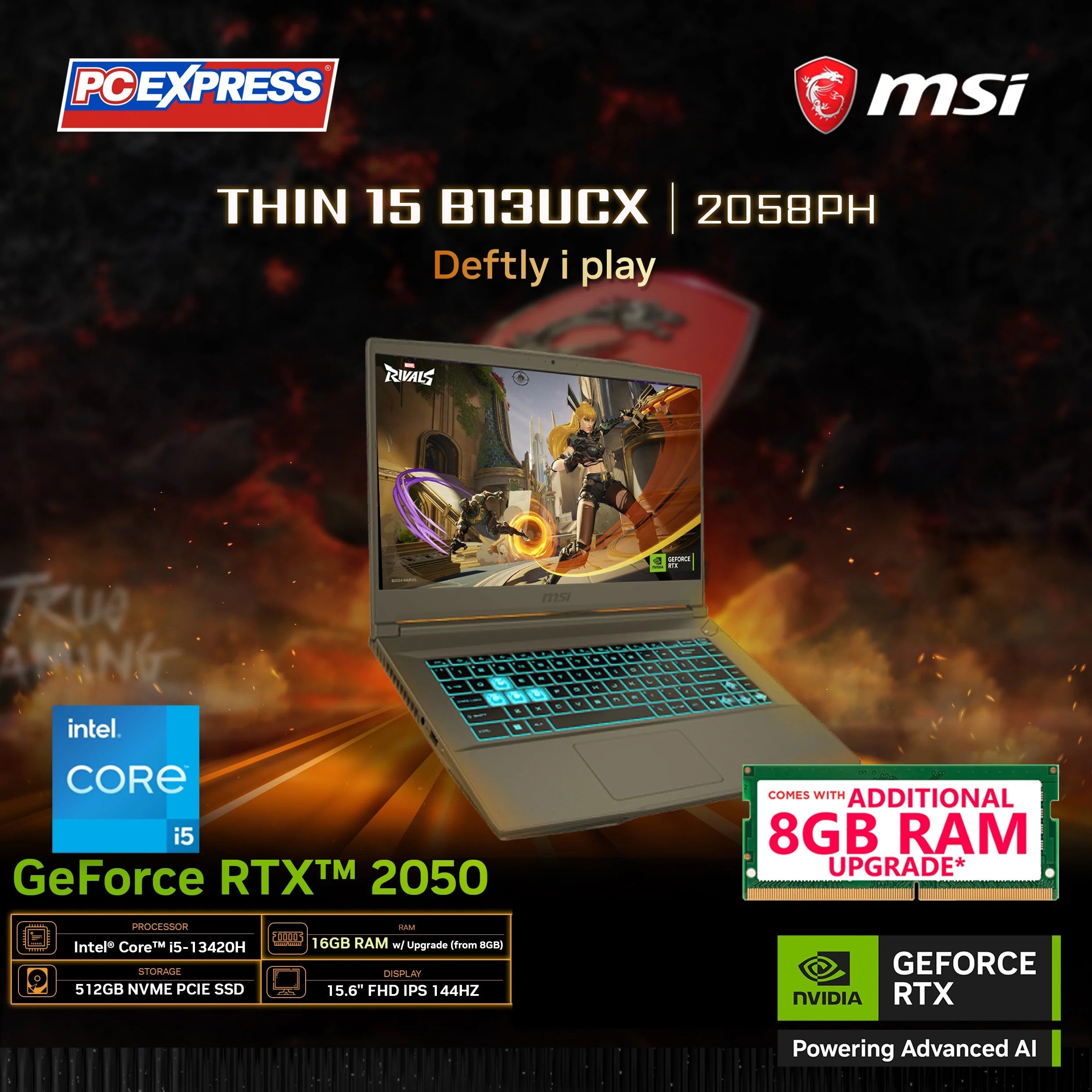 MSI THIN 15 B13UCX-1616AU CORE I5-13420H 16GB RAM 512GB SSD 15.6" FHD 144HZ NVIDIA RTX 2050 4GB WIN1