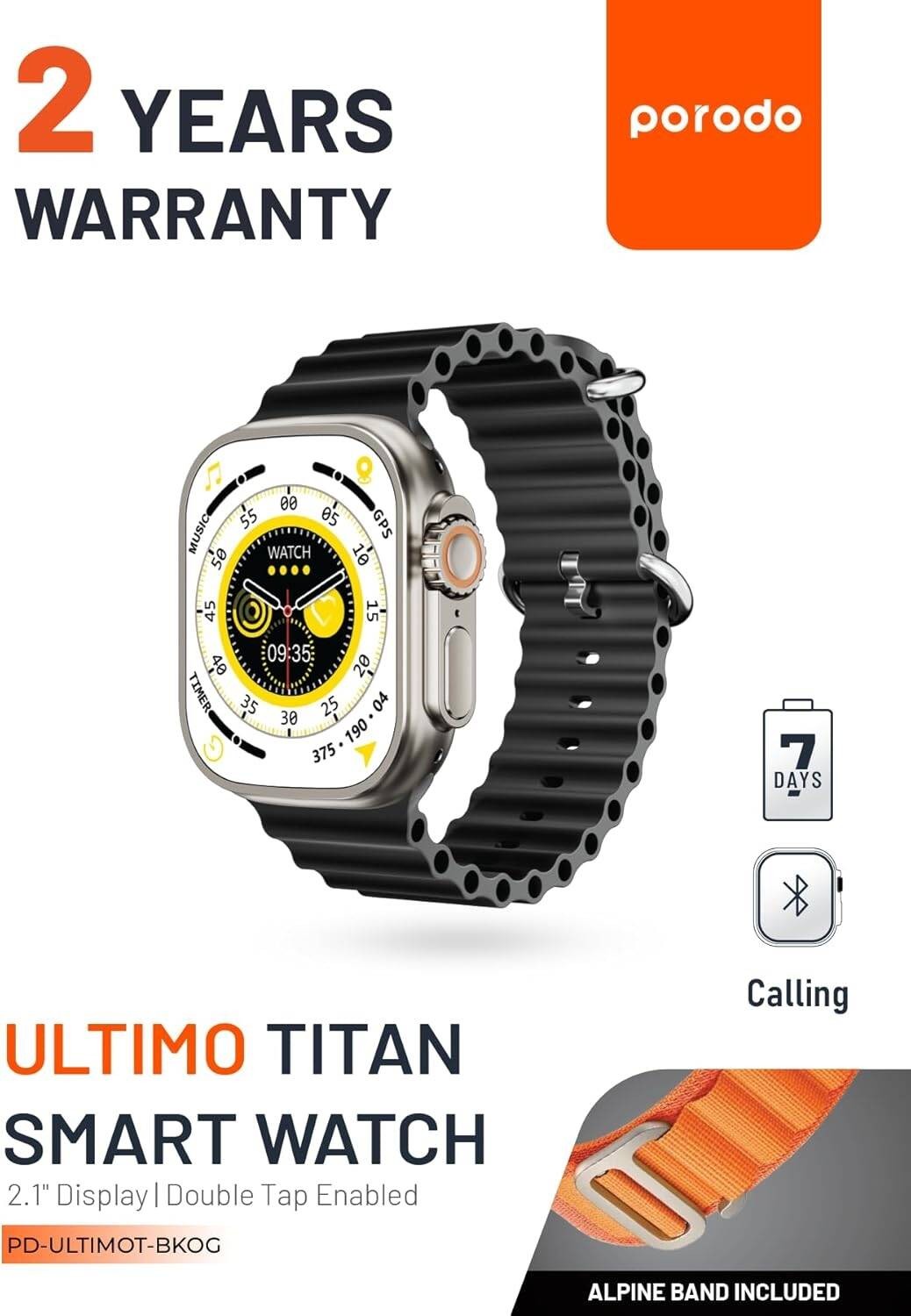 {PD-ULTIMOT-BKOG} Porodo Smart Watch Ultra Ultimo Titan w/ 1*Alpine Band &amp; 1*Ocean Band -Black Strap
