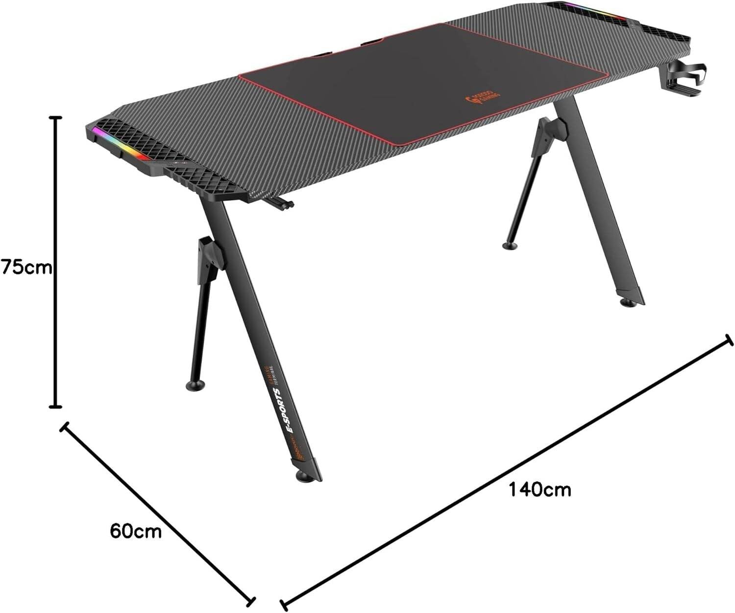 {PDX544} Porodo Gaming Table with RGB LED Light with Gaming Mousepad - Black