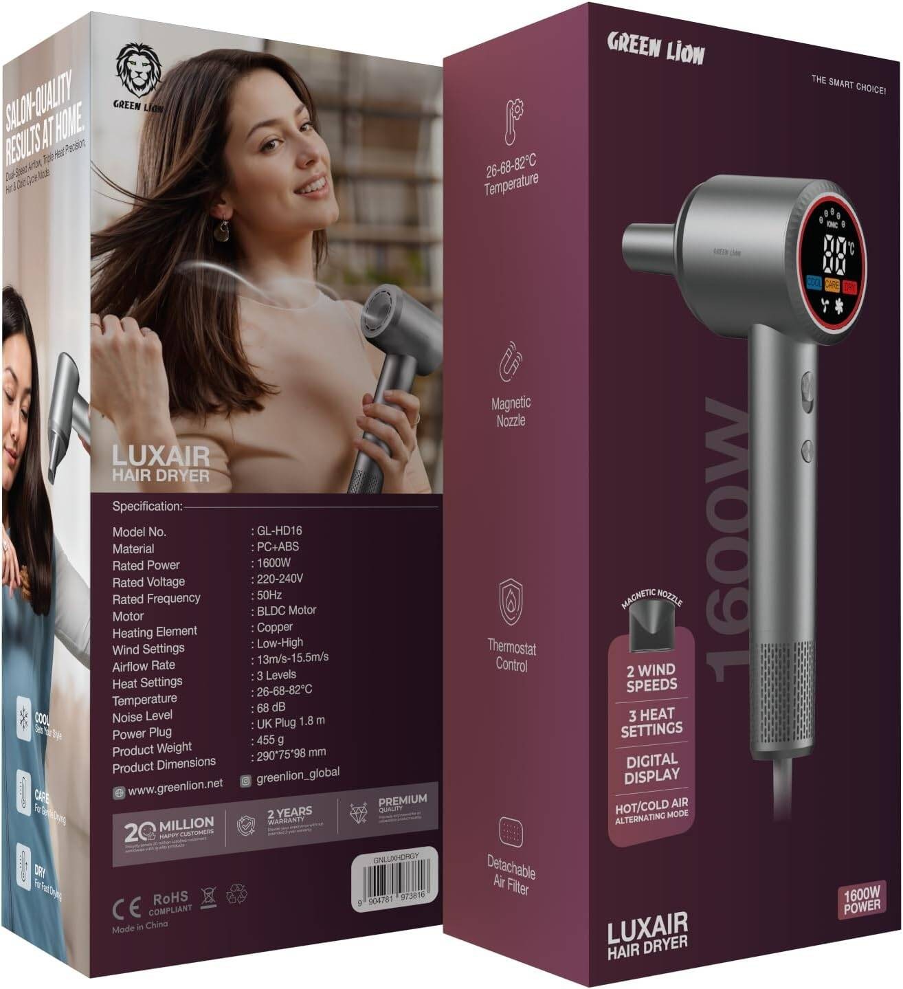 {GNLUXHDRGY} Green Lion LUXAIR Hair Dryer with&nbsp;Display 1600W - Gray