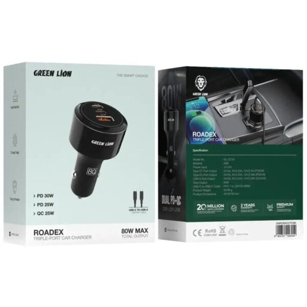 {GNRODXCCTCBK} Green Lion Roadex Triple Port Car Charger 80W C to C 1m&nbsp;Cable&nbsp;-&nbsp;Black