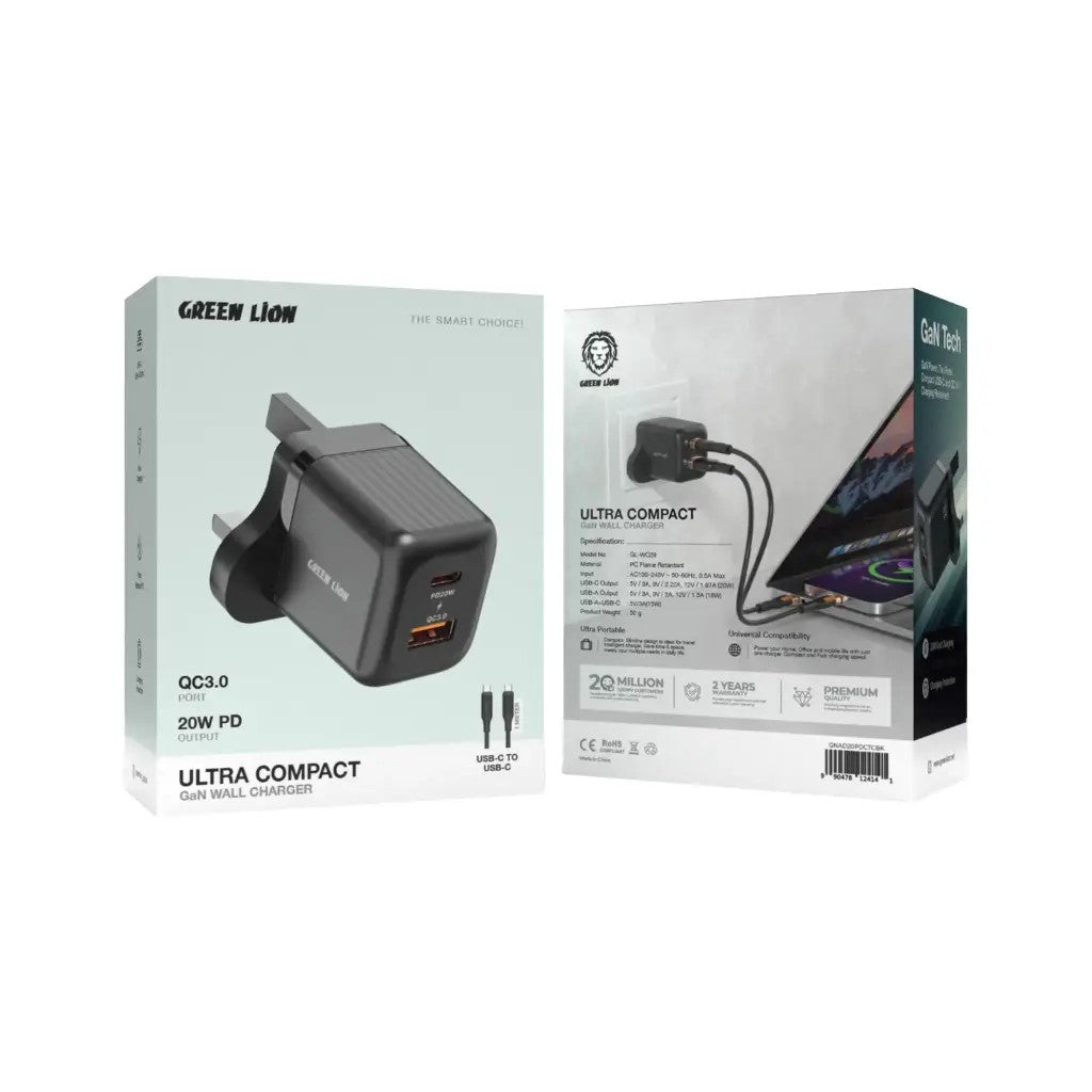 {GNWPQEUCTLBK} Green Lion Ultra Compact GaN Wall Charger EU Pin C to L PD20W&nbsp;+&nbsp;QC3.0&nbsp;-&nbsp;Black