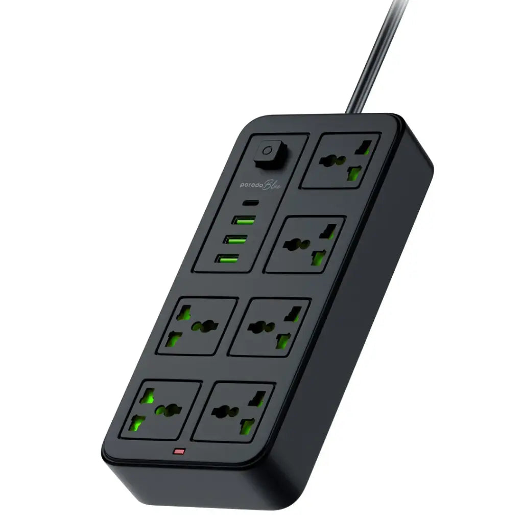{PB6ACPS1C3ABK} Porodo Blue 6 AC Power Socket With Type-C, 3USB-A (3m wire) UK - Black
