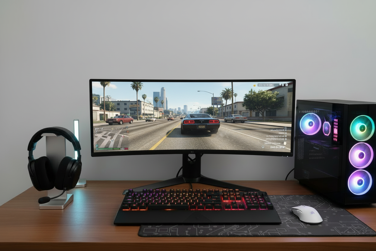 gamers desktop has desktop monitor keyboard headset mouse in clear way 
