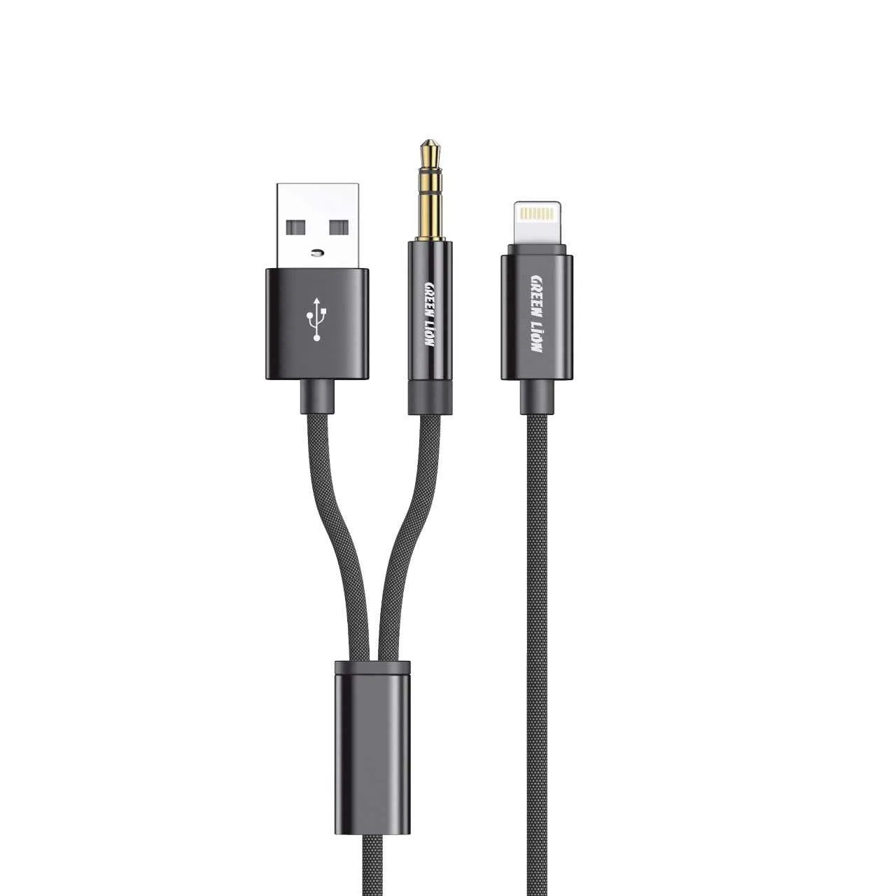 {GN2IN1AUXCBK} Green Lion 2 in 1 AUX Braided Cable 1.2M - Black