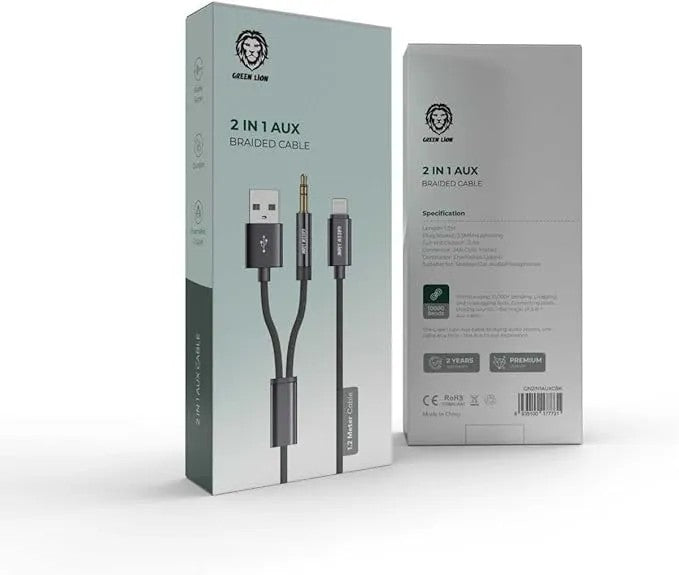 {GN2IN1AUXCBK} Green Lion 2 in 1 AUX Braided Cable 1.2M - Black