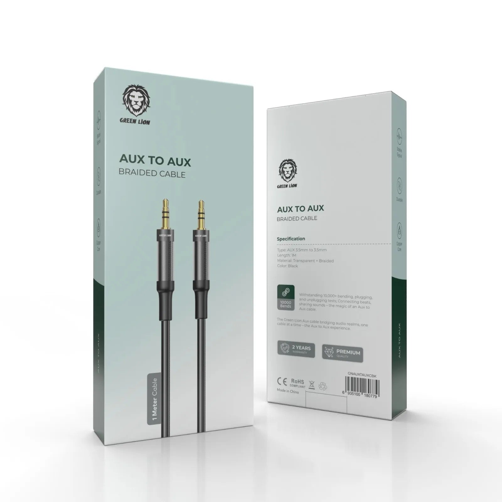 {GNAUXTAUXCBK} Green Lion AUX to AUX Braided Cable 1M - Black