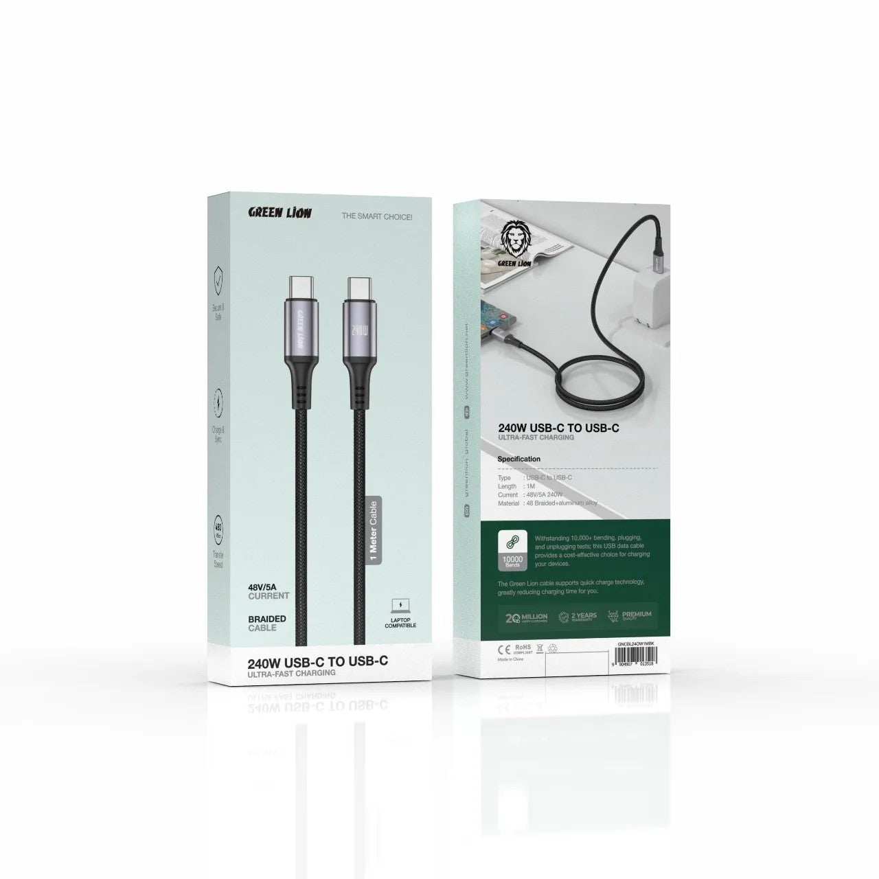 {GNCBL24OW1MBK} Green Lion 240W USB-C to USB-C Ultra-Fast Charging 1m Braided Cable - Black
