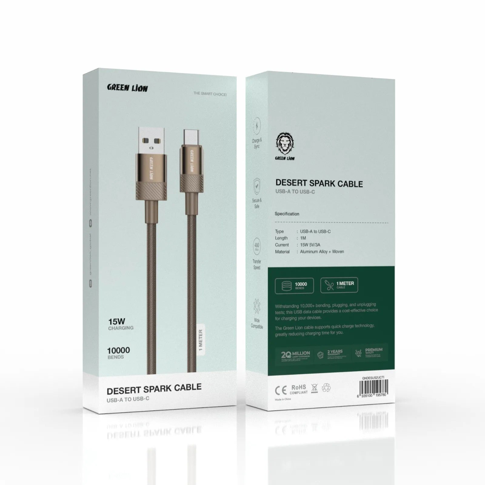 {GNDESUS2UCTI} Green Lion Desert Spark Cable USB-A to USB-C 1M 15WDesert Titanium