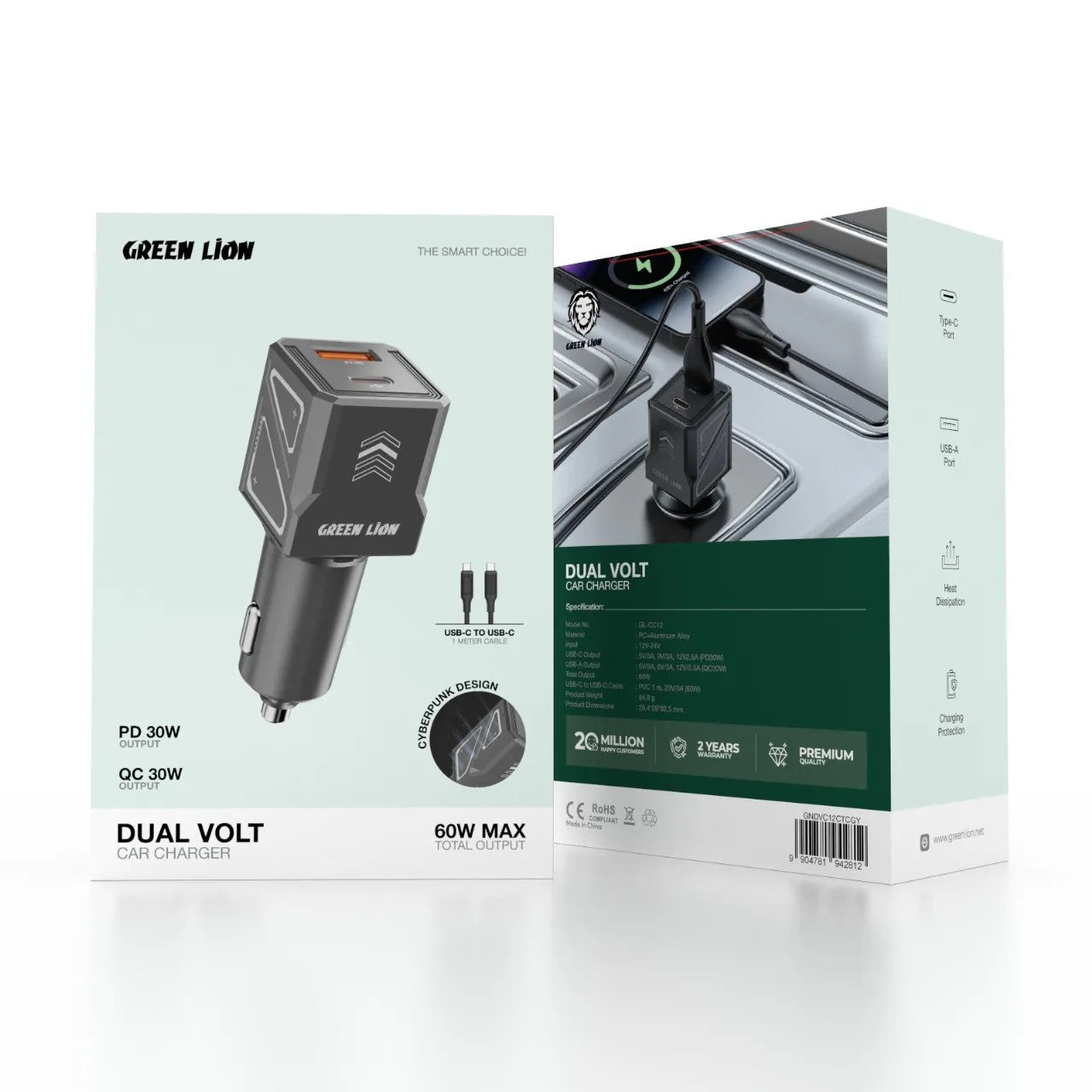 {GNDVC12CTCGY} Green Lion Dual Volt Car Charger PD+QC 60W C to C 1m Cable - Gray