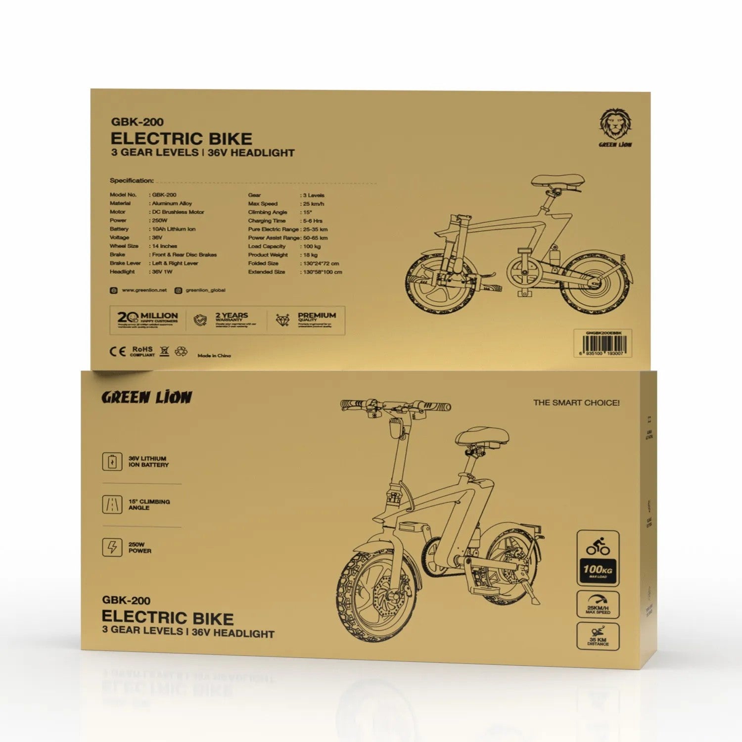 {GNGBK200EBBK} Green Lion GBK-200 Electric Bike 3 Gear Levels 36V Headlight - Black