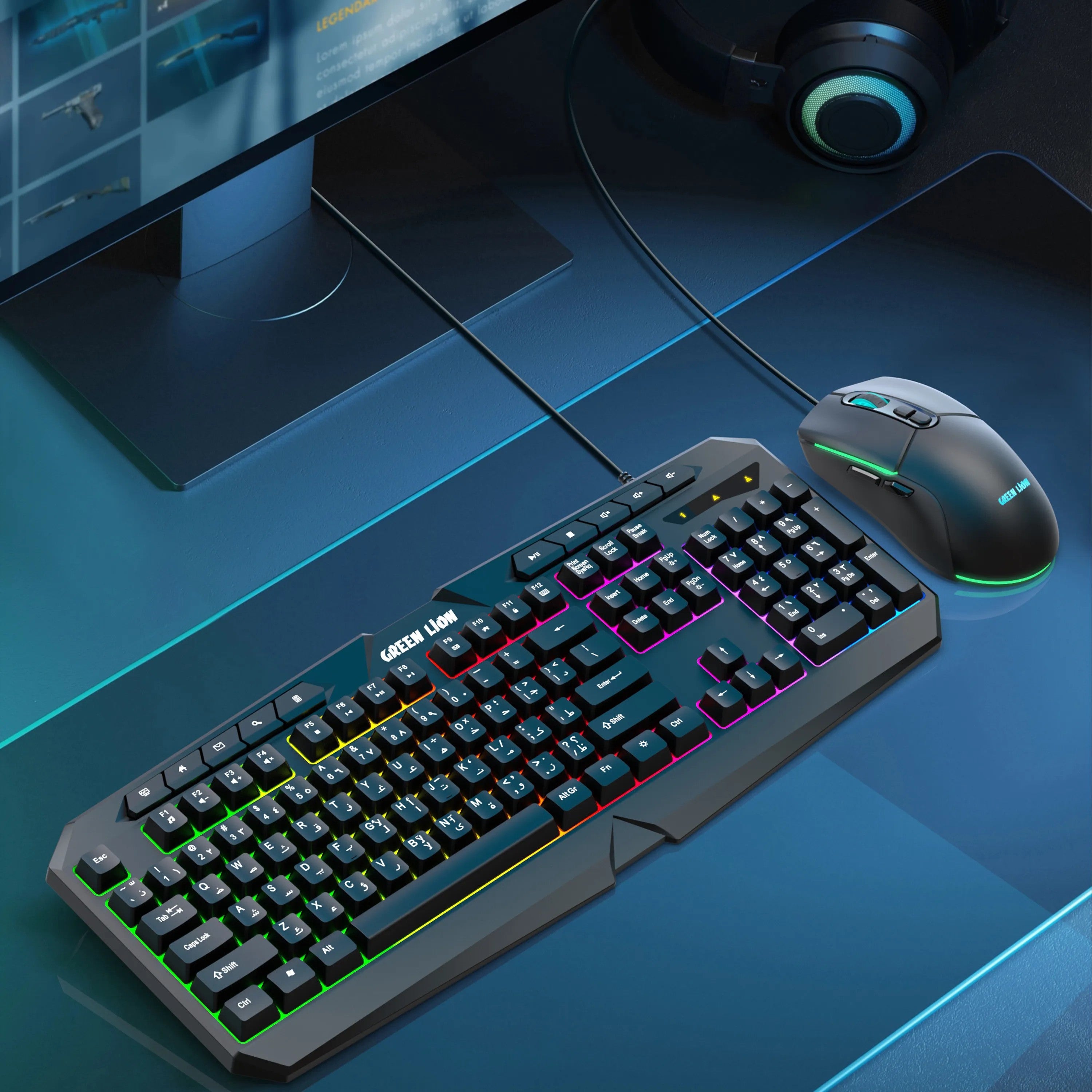 {GNGKM4KKEYBK} Green Lion GK-400 RGB Gaming Keyboard + Mouse - Black