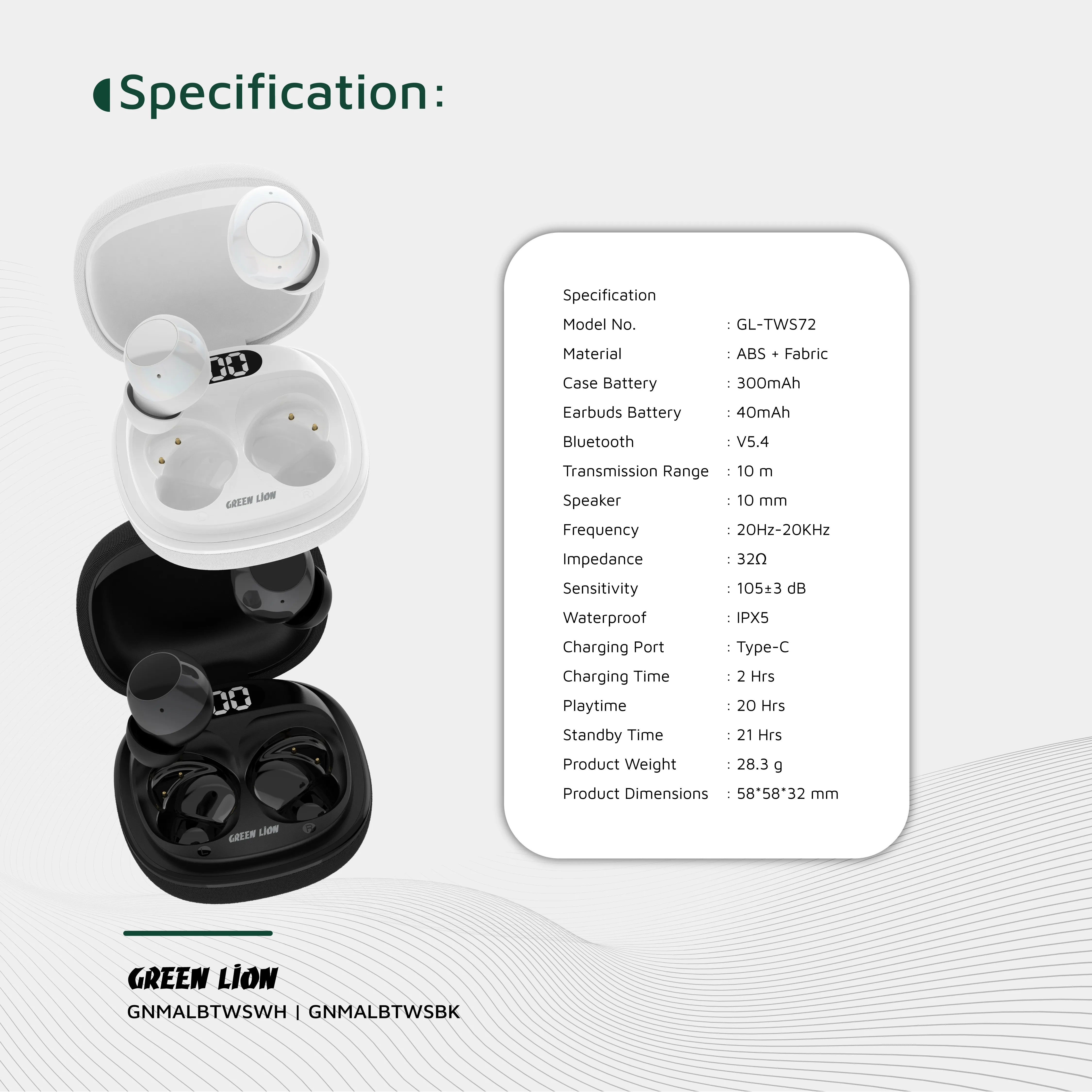 {GNMALBTWSWH} Green Lion Malbun True Wireless Earbuds - White