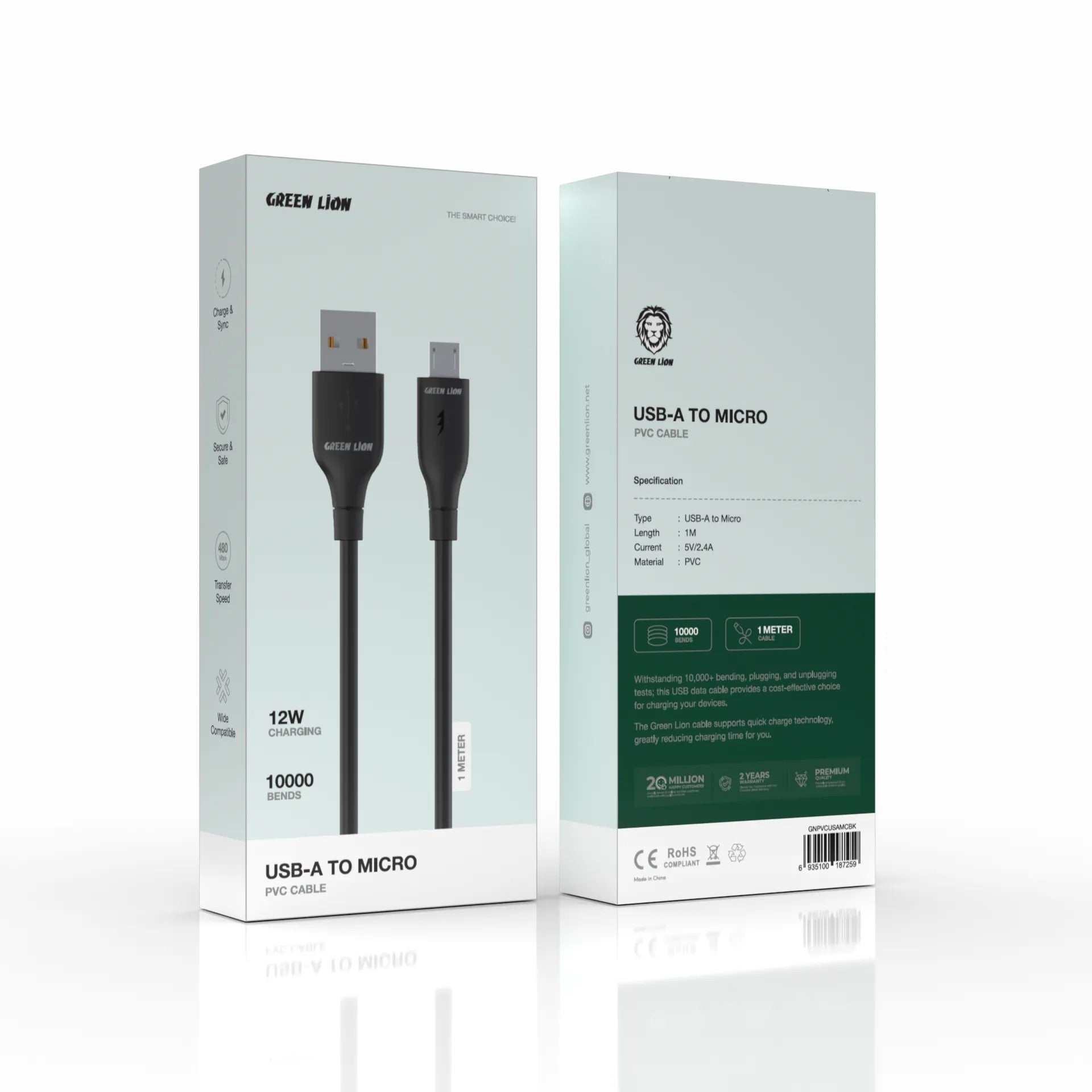 {GNPVCUSAMCBK} Green Lion USB A TO MICRO PVC Cable 1M - Black