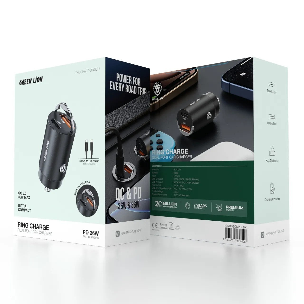 {GNRNGCDPCLBK} Green Lion Ring Charge Dual Port Car Charger PD 36W C to L 1m Cable - Black