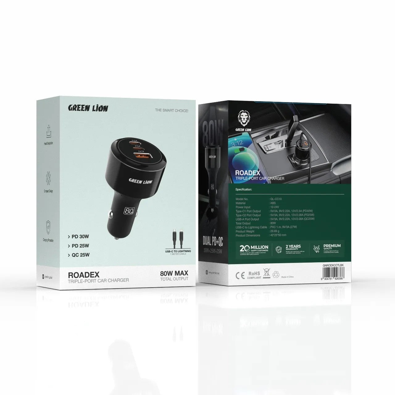 {GNRODXCCTLBK} Green Lion Roadex Triple Port Car Charger 80W C to L 1m Cable - Black