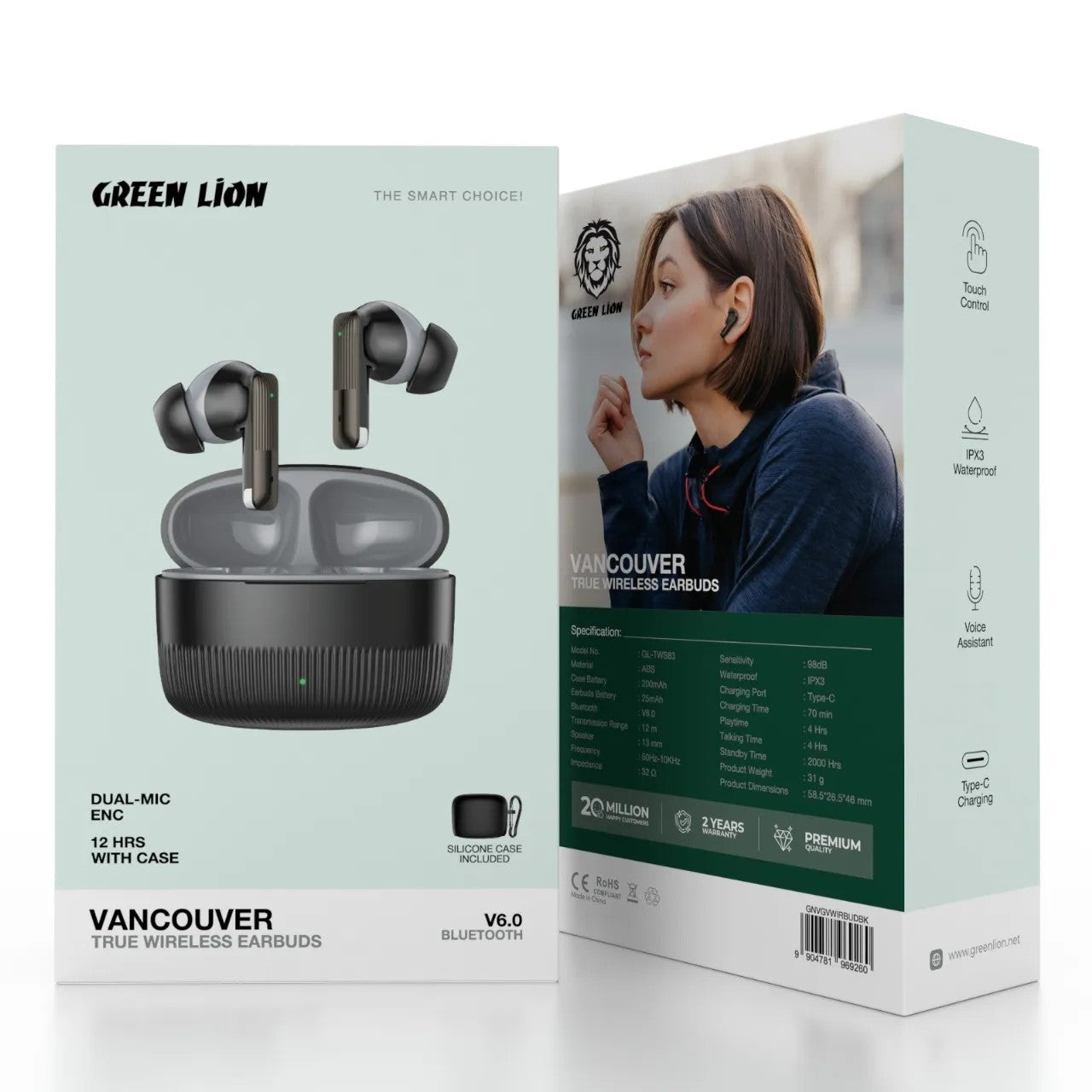 {GNVGVWIRBUDBK} Green Lion Vancouver Wireless Earbuds - Black