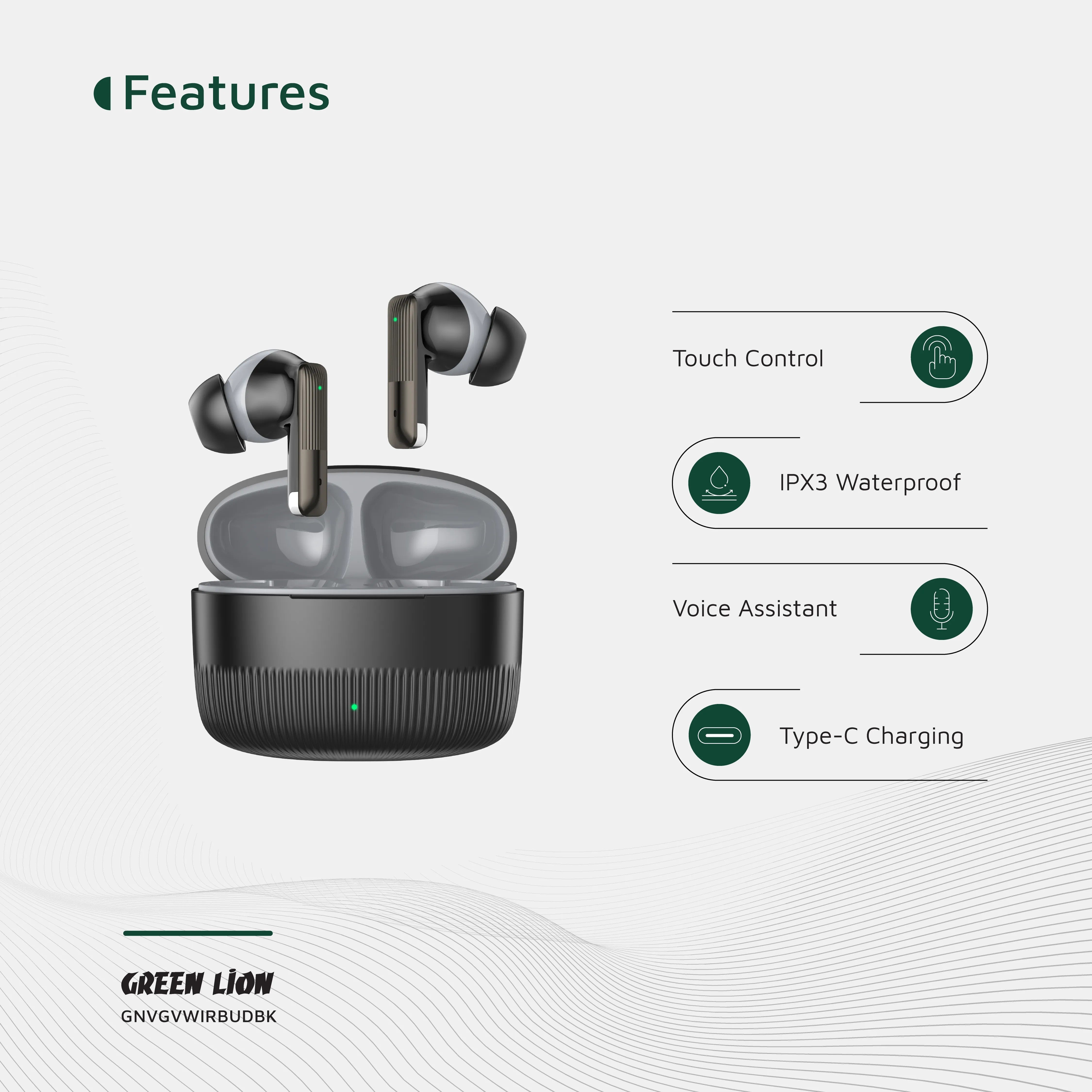 {GNVGVWIRBUDBK} Green Lion Vancouver Wireless Earbuds - Black