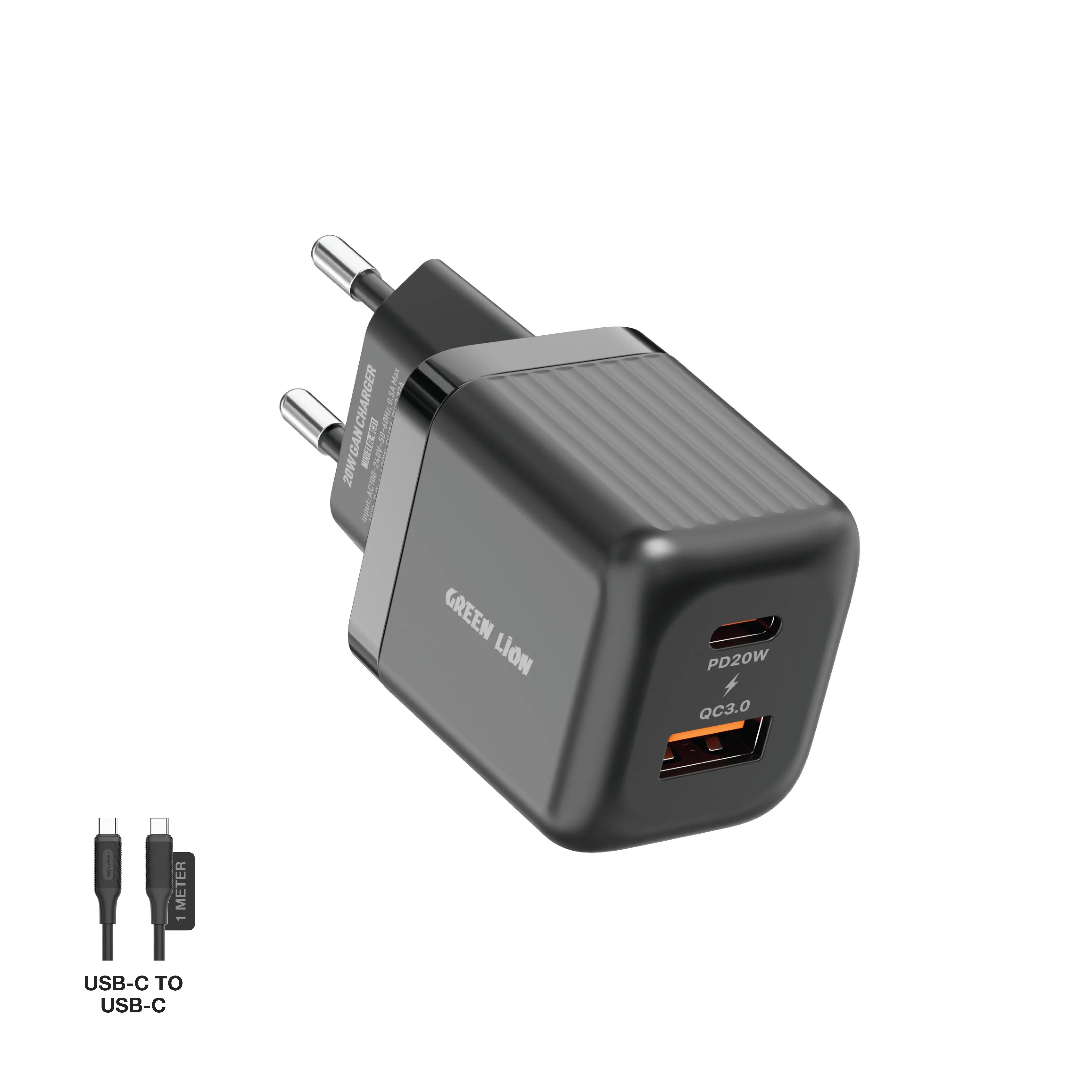 {GNWPQEUCTCBK} Green Lion Ultra Compact GaN Wall Charger EU Pin C to C PD20W + QC3.0 - Black