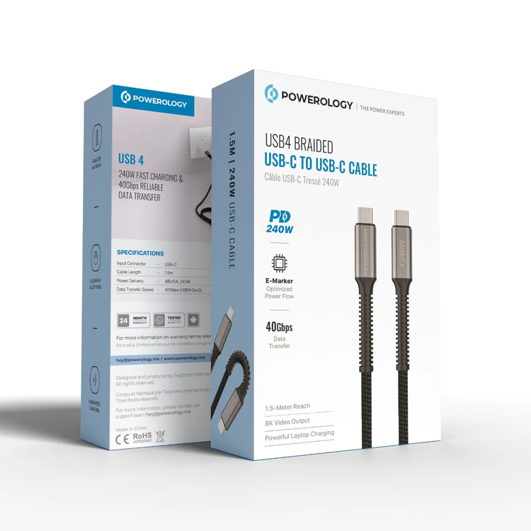 {PCAB033BK} Powerology Thunderbolt Braided USB4 C To C Charging Cable with 240W 40Gbps &amp; 8k HDTV 2M