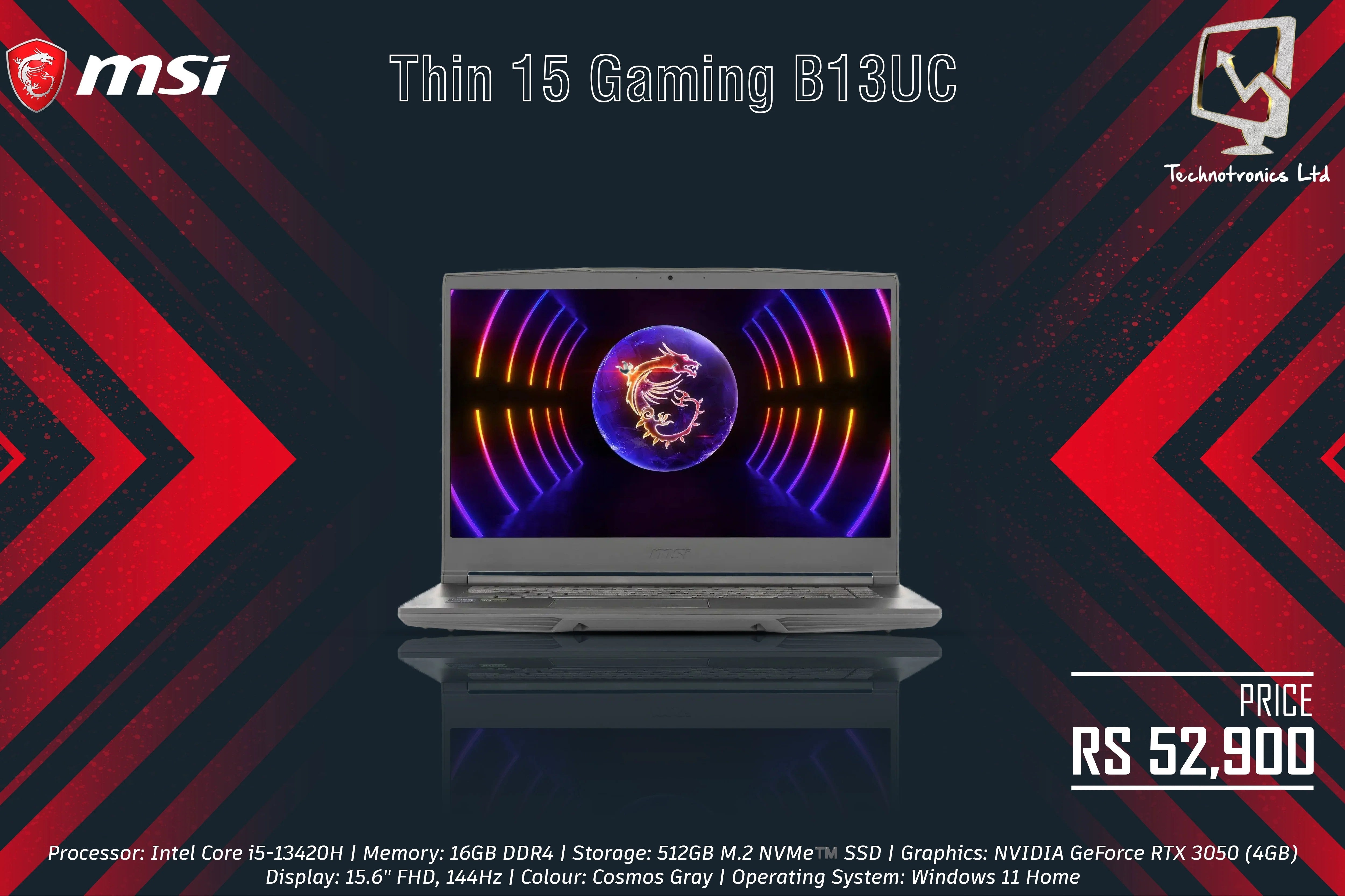 MSI THIN 15 B13UC-1000US CORE I5-13420H 16GB RAM 512GB SSD 15.6" FHD 144HZ NVIDIA RTX 3050 4GB WIN11