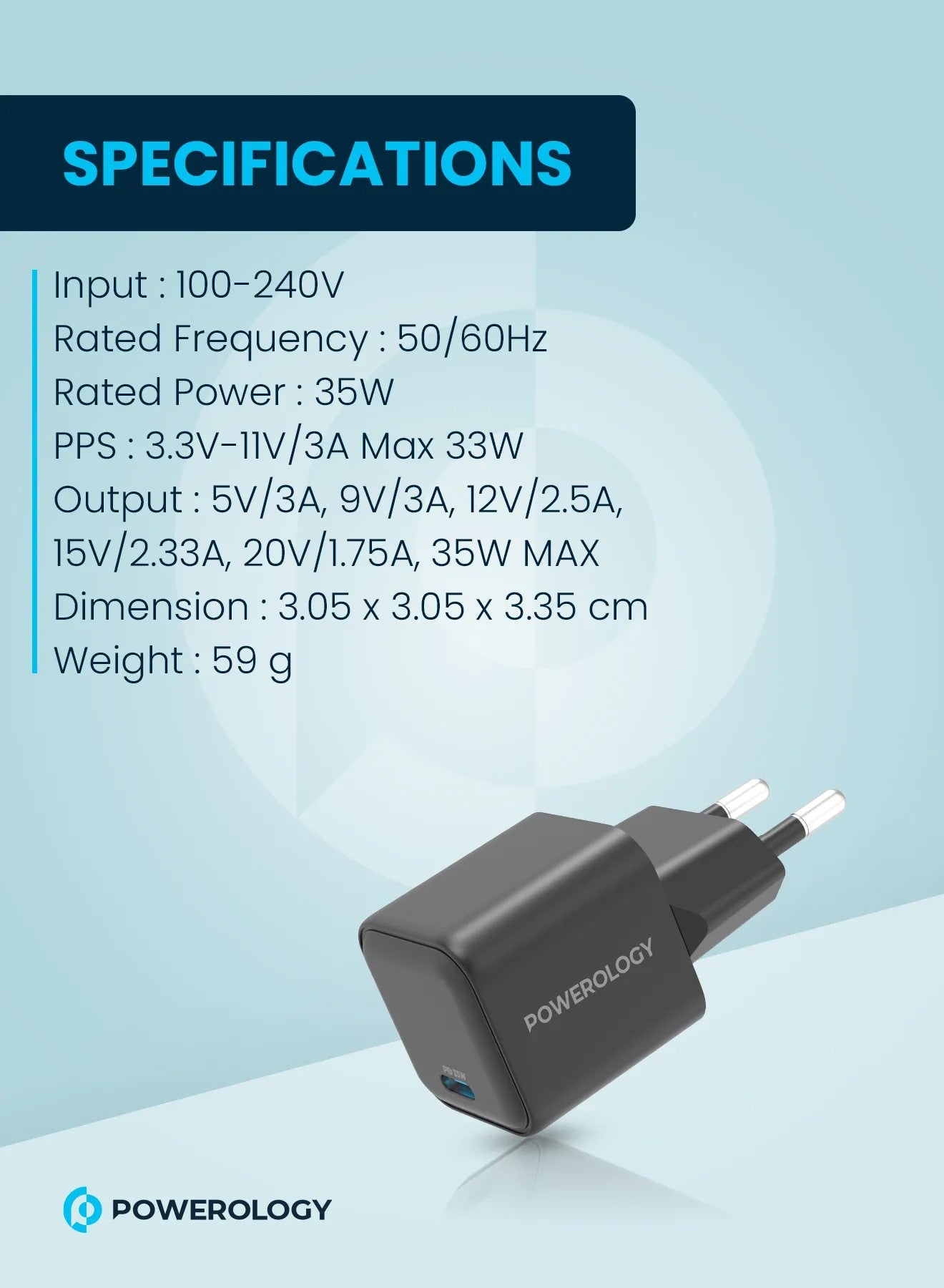 {P35WSPCEU} Powerology 35W Single Port Type-C GaN Charger with EU Plug - Black