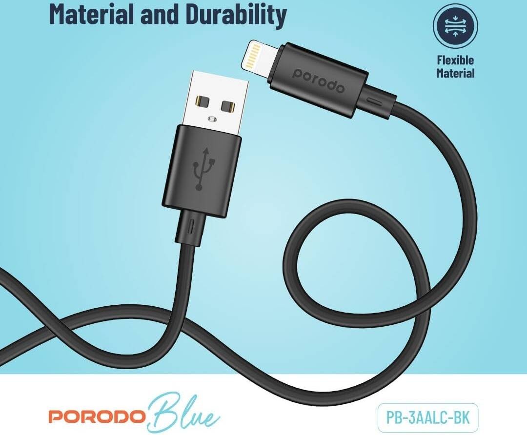 {PB-3AALC-BK} Porodo Blue 3A PD USB A to Lightning PVC Cable 1.2M - Black