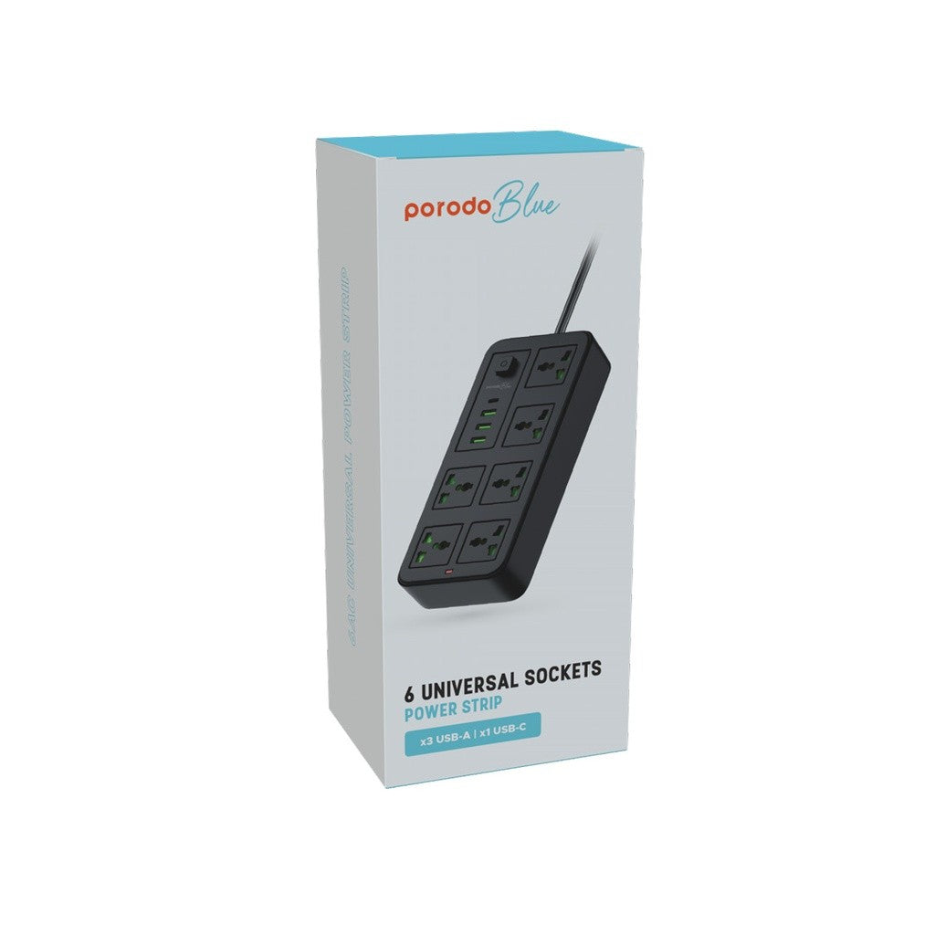 {PB-3ACC2CM-BK} Porodo Blue 3 AC Power Socket With 2XUSB-A, 3XType-C 2M 3000W - Black