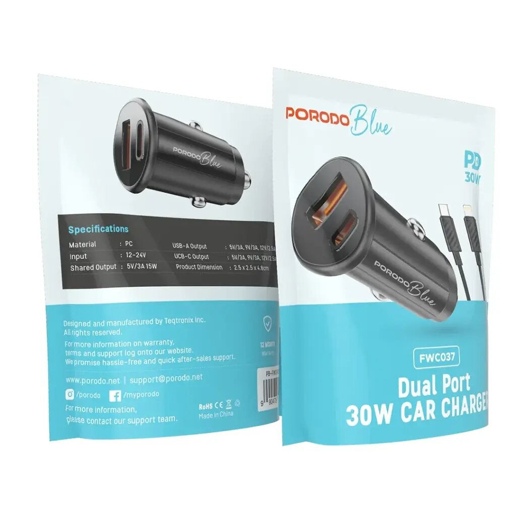 {PB-FWCH037-BK-L} Porodo Blue 15W USB-A+C Port Car Charger with C to L .9m Cable - Black