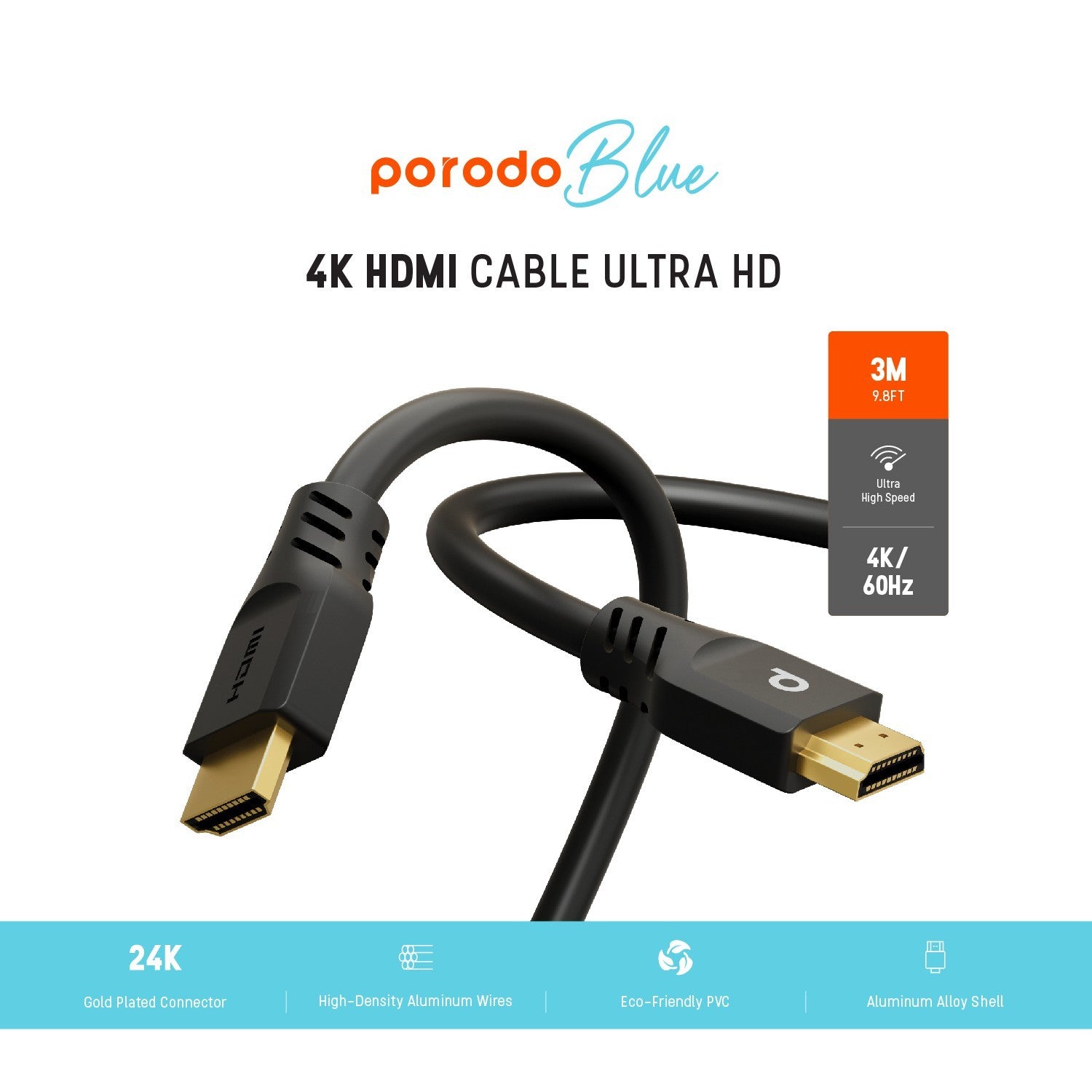 {PB-HD4K3M-BK} Porodo Blue 4K HDMI Ultra HD Cable 60Hz 3m / 9.8ft - Black