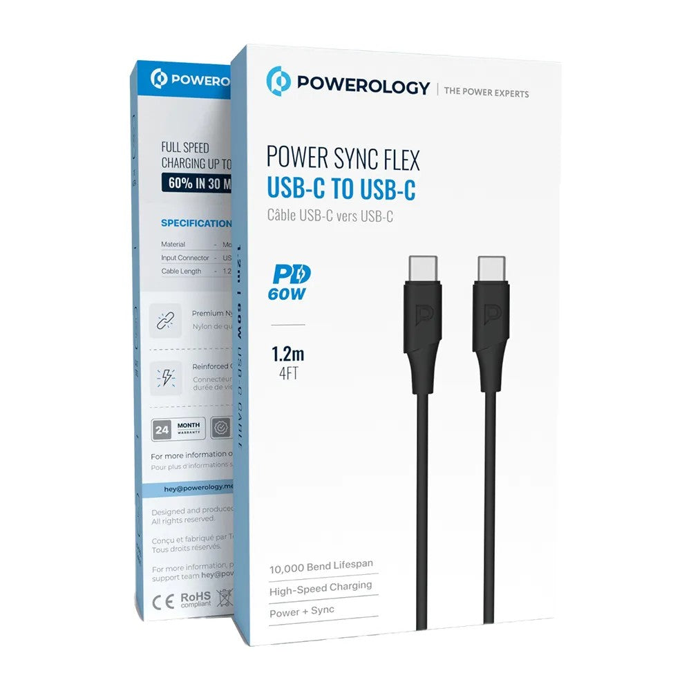{PCAB014BK} Powerology 60W USB-C to USB-C V2.0 TPE Jacket Over-Molded Cable 1.2 Meter - Black
