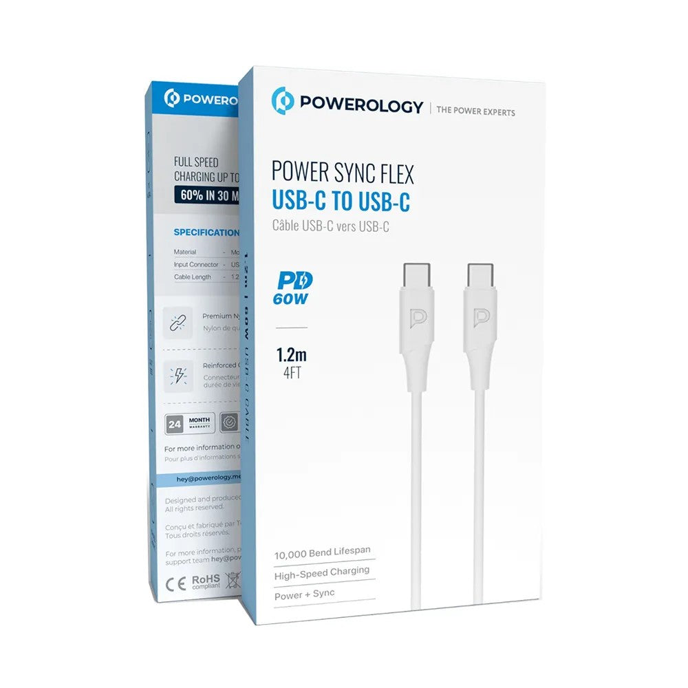 {PCAB014WH} Powerology 60W USB-C to USB-C V2.0 TPE Jacket Over-Molded Cable 1.2 Meter - White