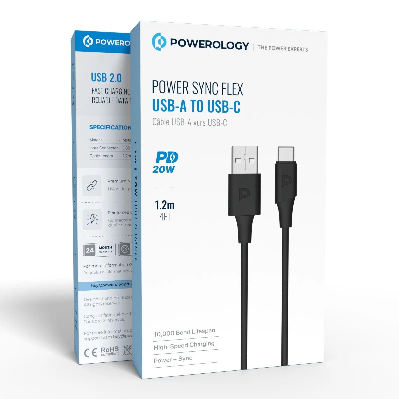 {PCAB015BK} Powerology USB-A to USBC TPE Jacket Over-Molded Cable 1.2 Meter - Black