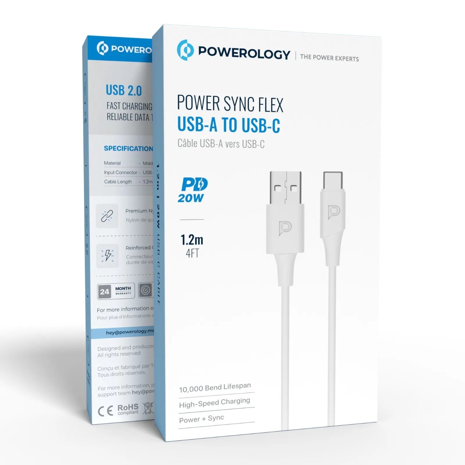 {PCAB015WH} Powerology USB-A to USB-C TPE Jacket Over-Molded Cable 1.2 Meter - White