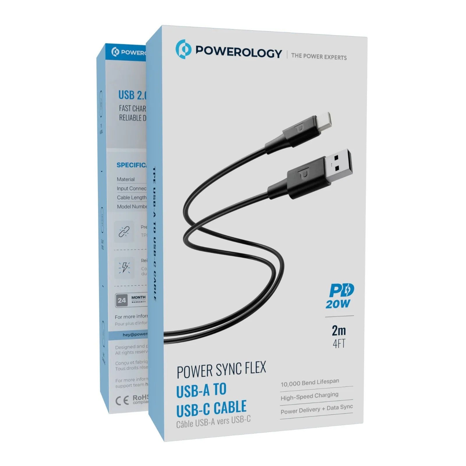 {PCAB016BK} Powerology USB-A to USBC TPE Jacket Over-Molded Cable 2 Meter - Black