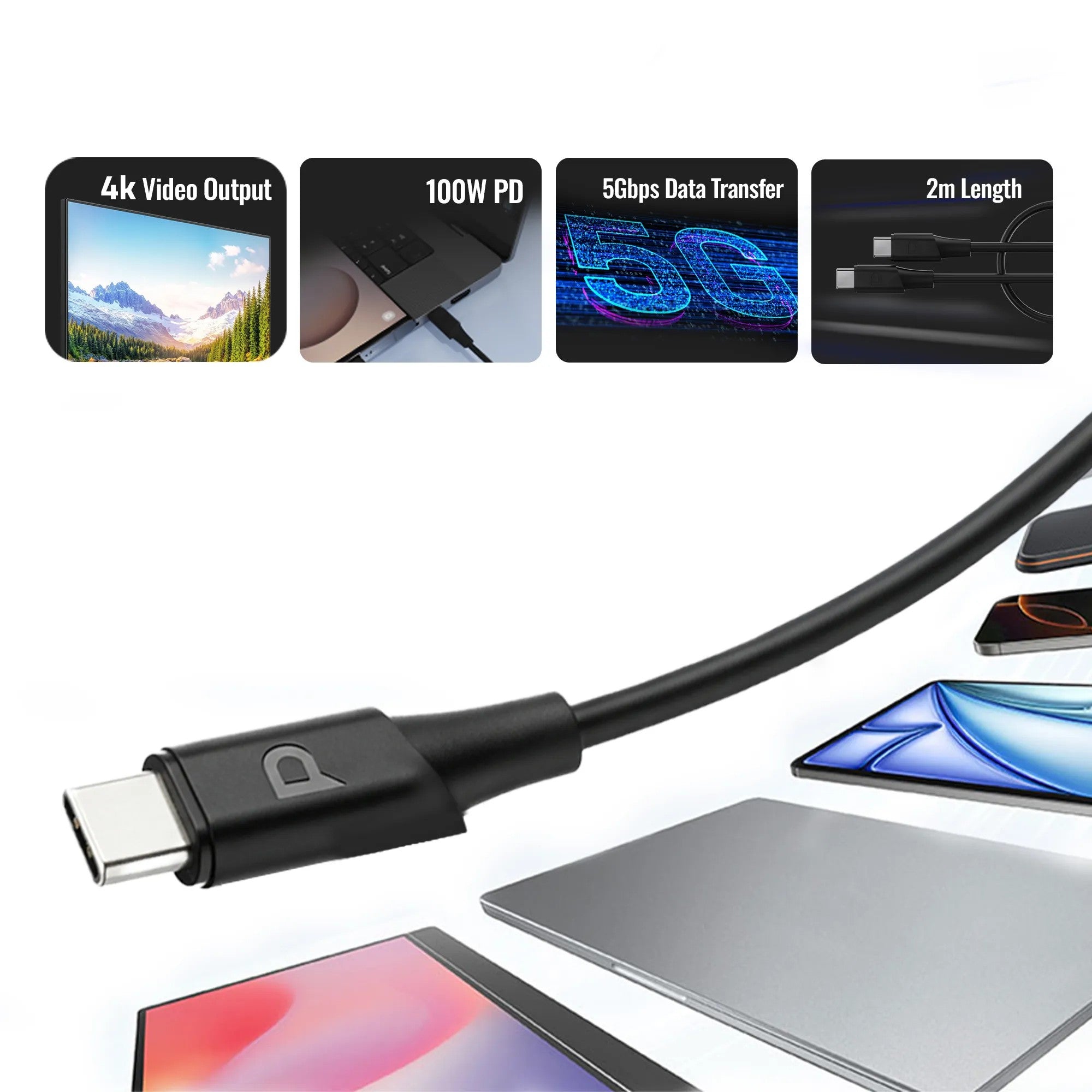 {PCAB017BK} Powerology 100W USB-C to USB-C V3.1 5G TPE Jacket Over-Molded Cable 2 Meter - Black