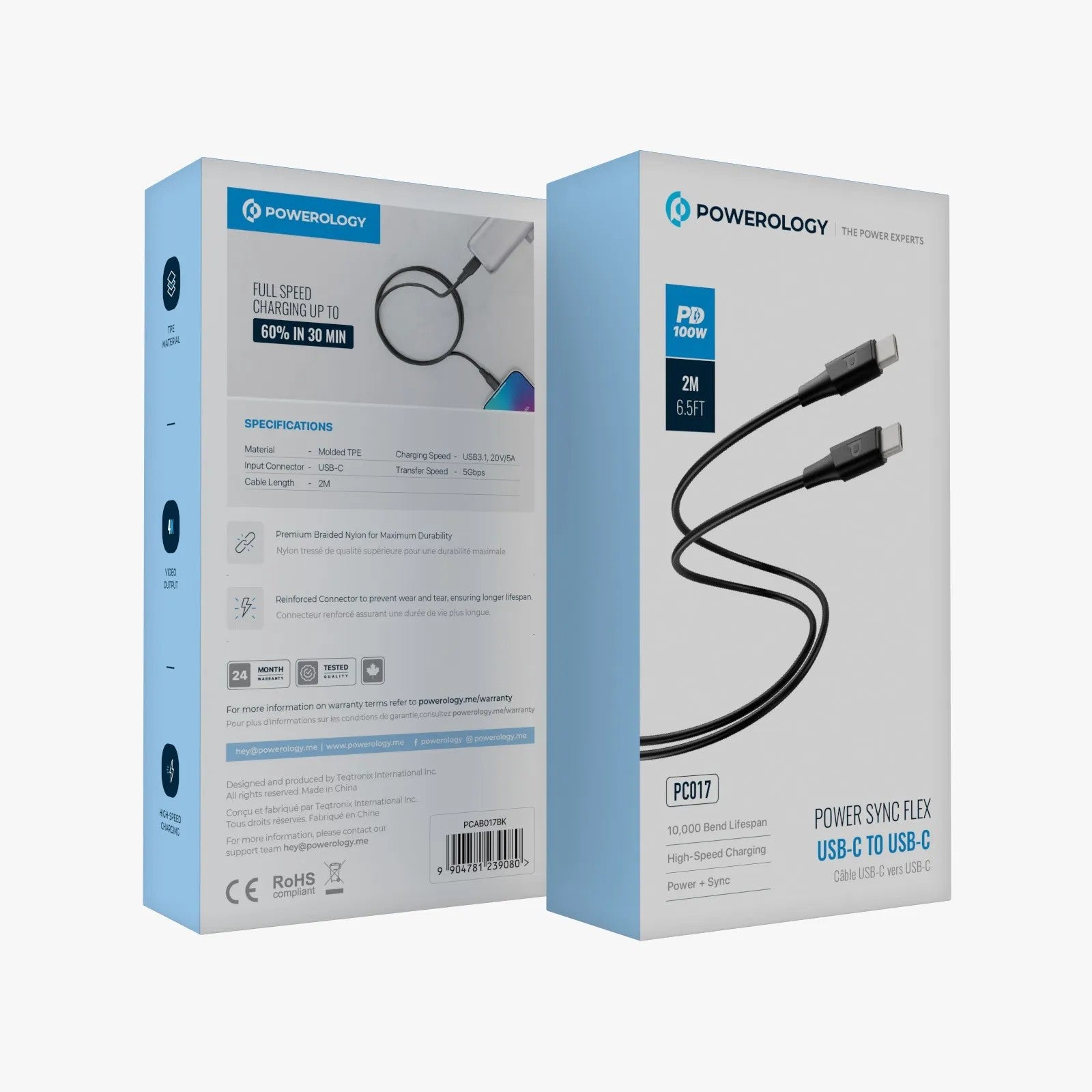 {PCAB017BK} Powerology 100W USB-C to USB-C V3.1 5G TPE Jacket Over-Molded Cable 2 Meter - Black