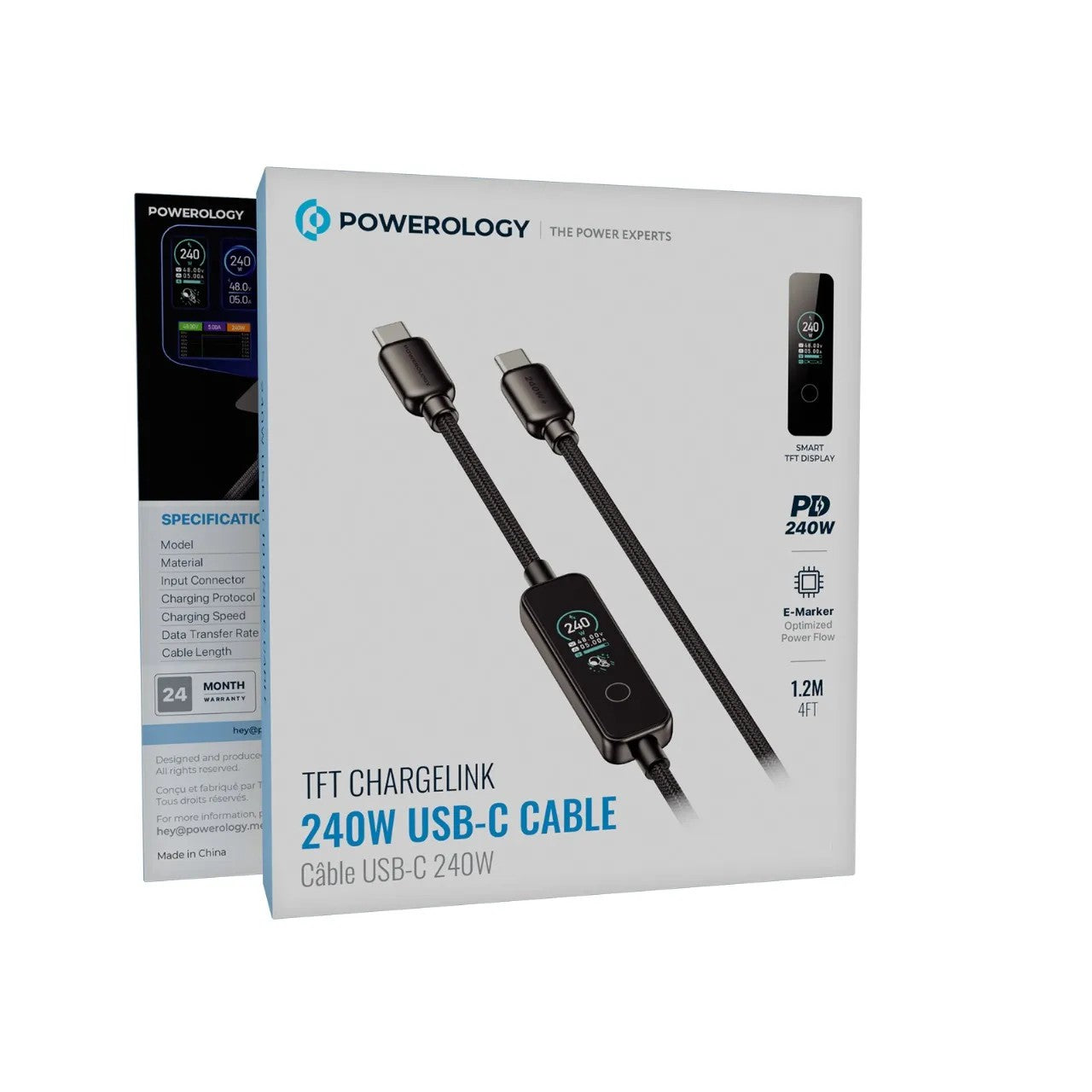 {PCABCM0121BK} Powerology 240W C to C cable with TFT Display - Black