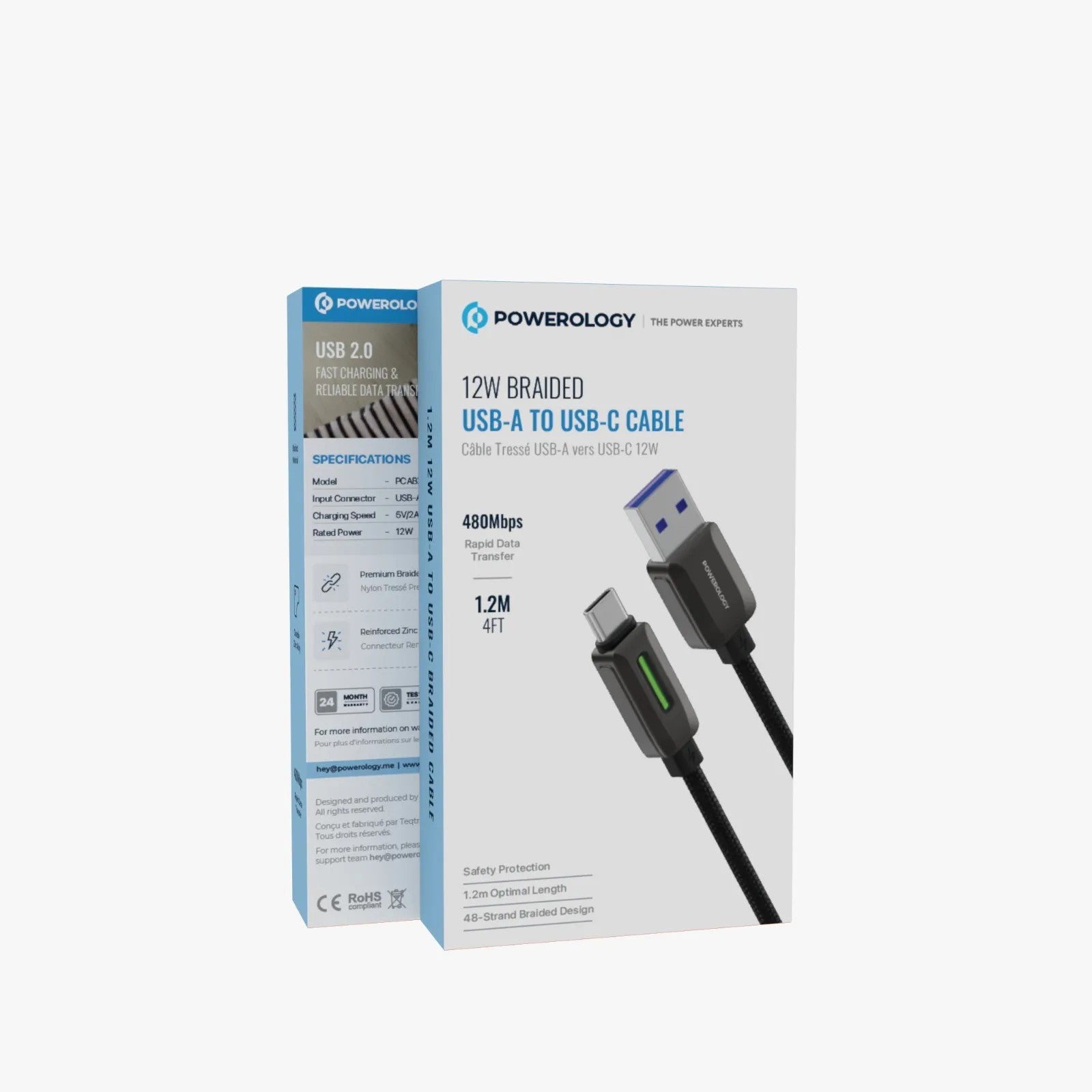 {PCABXGH122BK} Powerology 15W Zinc Alloy+48 braiding USB A - Type C Cable - Black