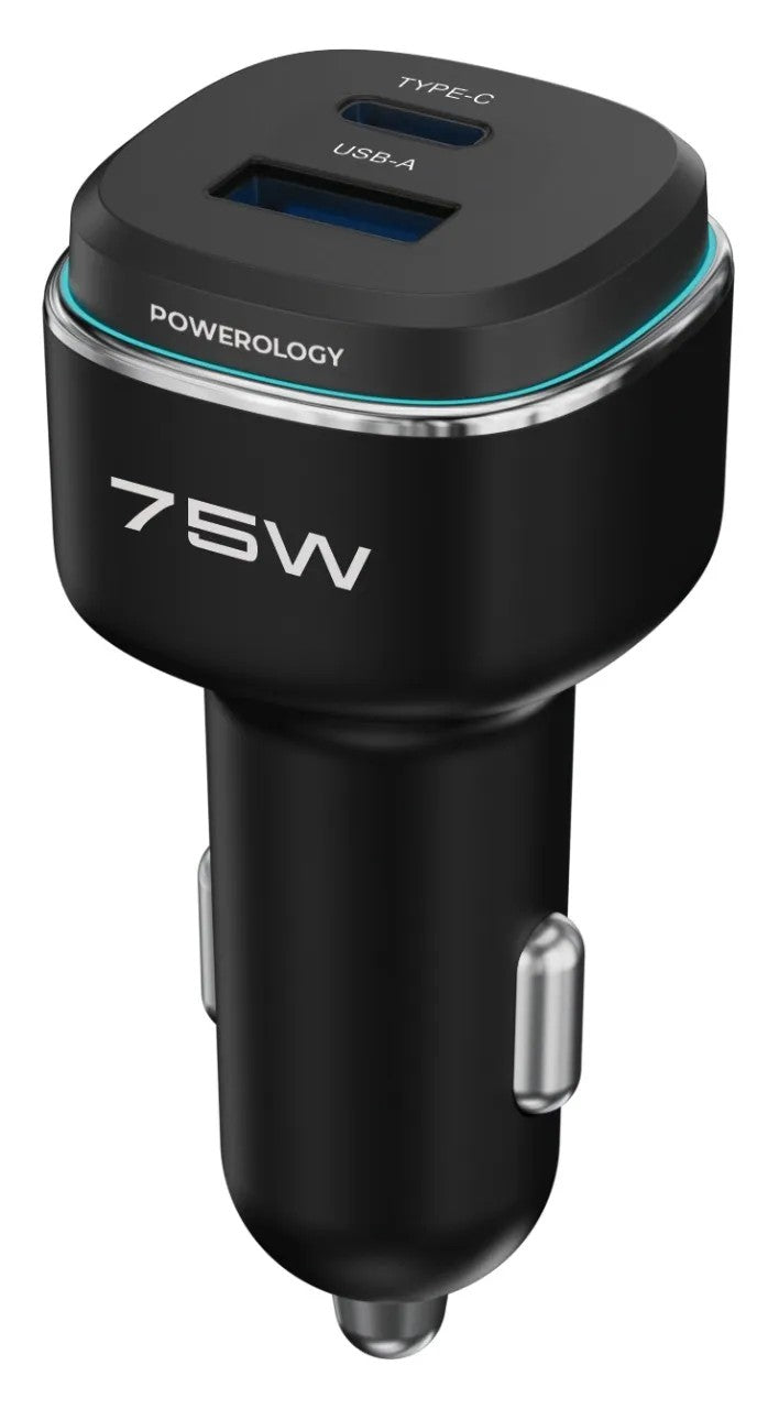 {PCCSR024BKGYL} Powerology 75W USB A+C Port Car Charger With C to L MFi Cable - Black/Grey